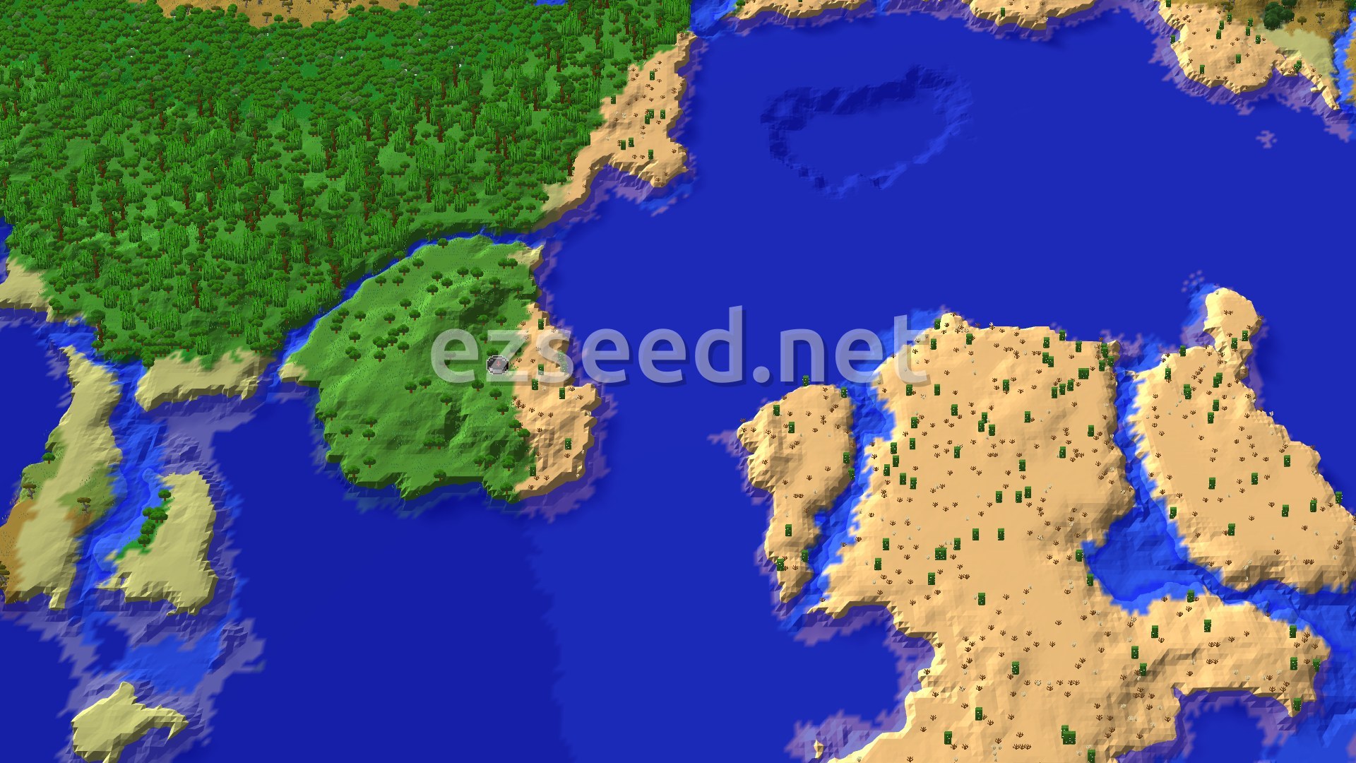 A 3D fly-over of a Minecraft world showing a sparse jungle, desert, and ocean biomes with a spawn marker.