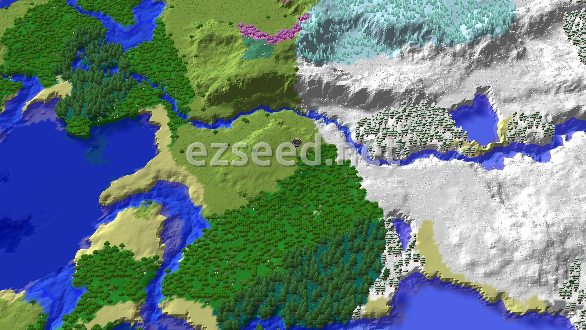 A bird's eye view of a varied landscape, with green plains and forests transitioning into snowy mountains and ice spikes, bordered by oceans and rivers. A small marker indicates the spawn point in a green area.