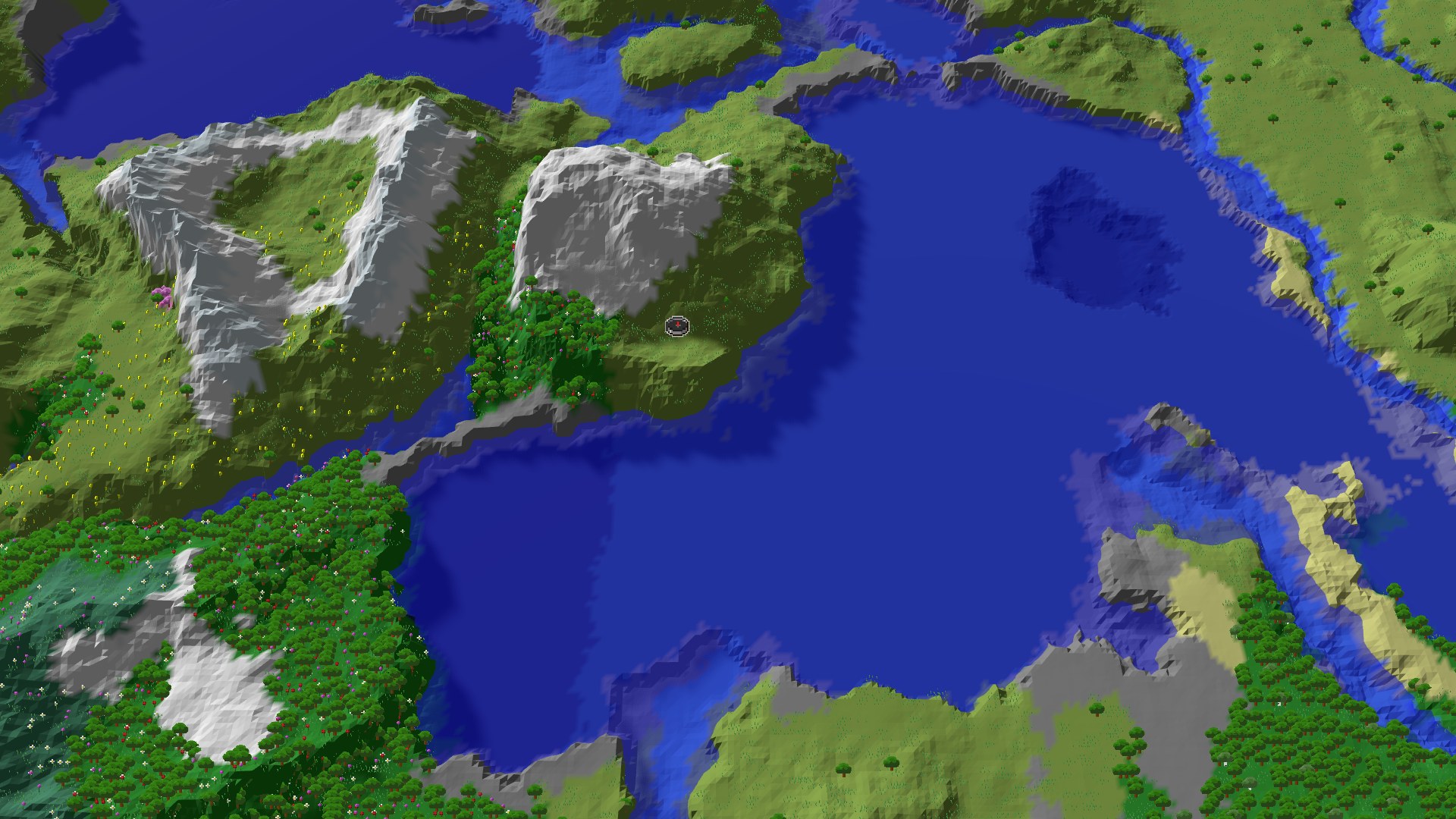 Aerial Minecraft seed map — A Mountainous Start with Nearby Village and Ancient City
