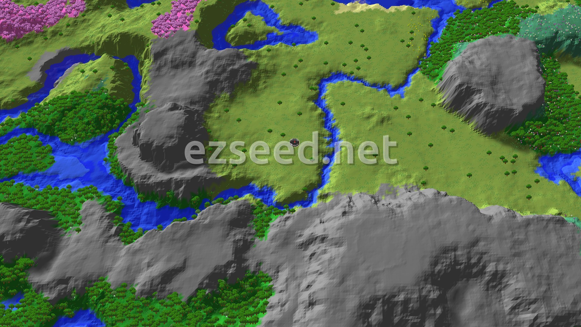 Aerial Minecraft seed map — Spawn Near a Trial Chamber and Cherry Grove