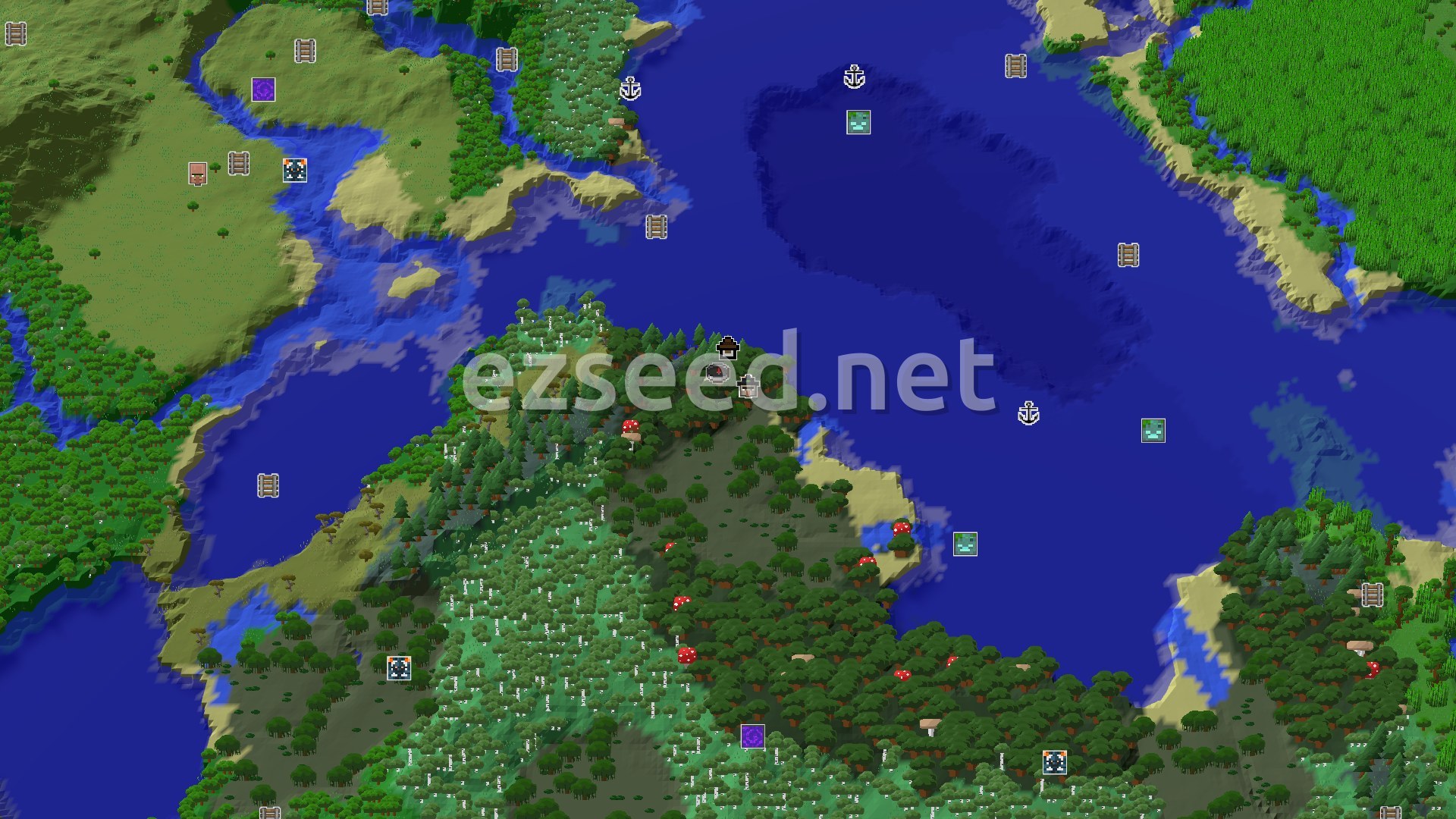 Aerial Minecraft seed map — Woodland Mansion at Spawn in a Diverse Forest