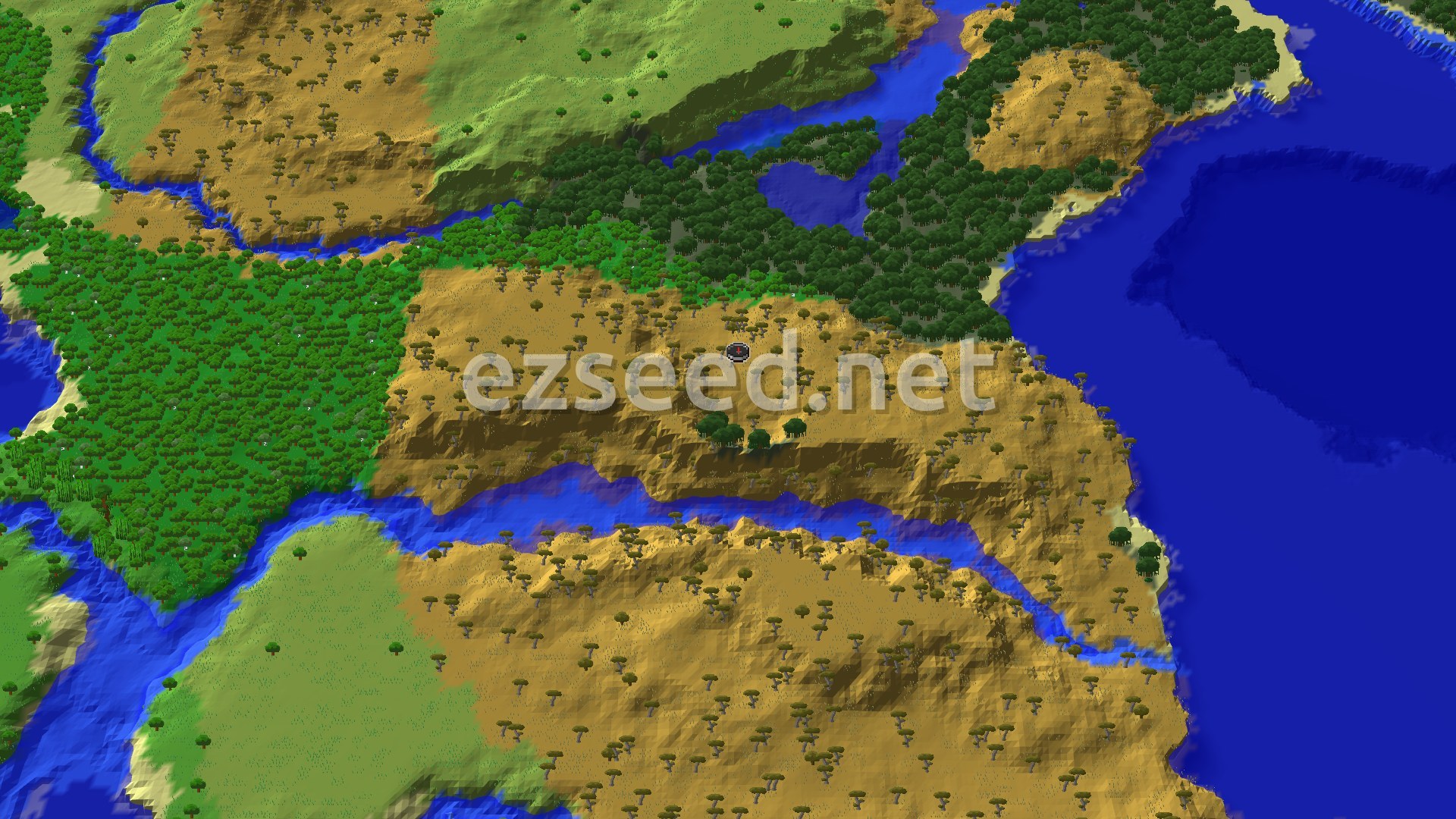 An aerial view of a savanna biome with scattered acacia trees, cut through by a winding river, and bordered by a dense forest and ocean.