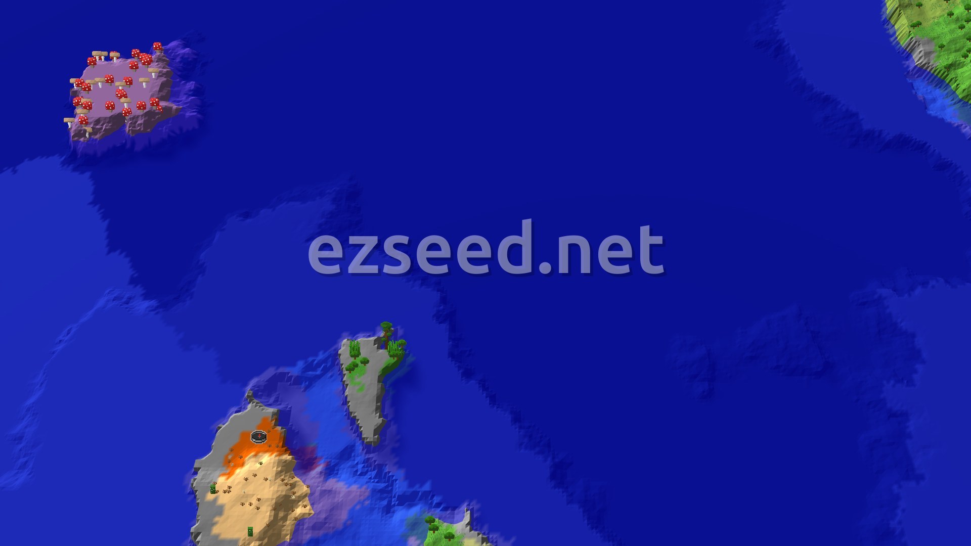 Aerial Minecraft seed map — Mushroom Fields and Jungles Near a Badlands Spawn