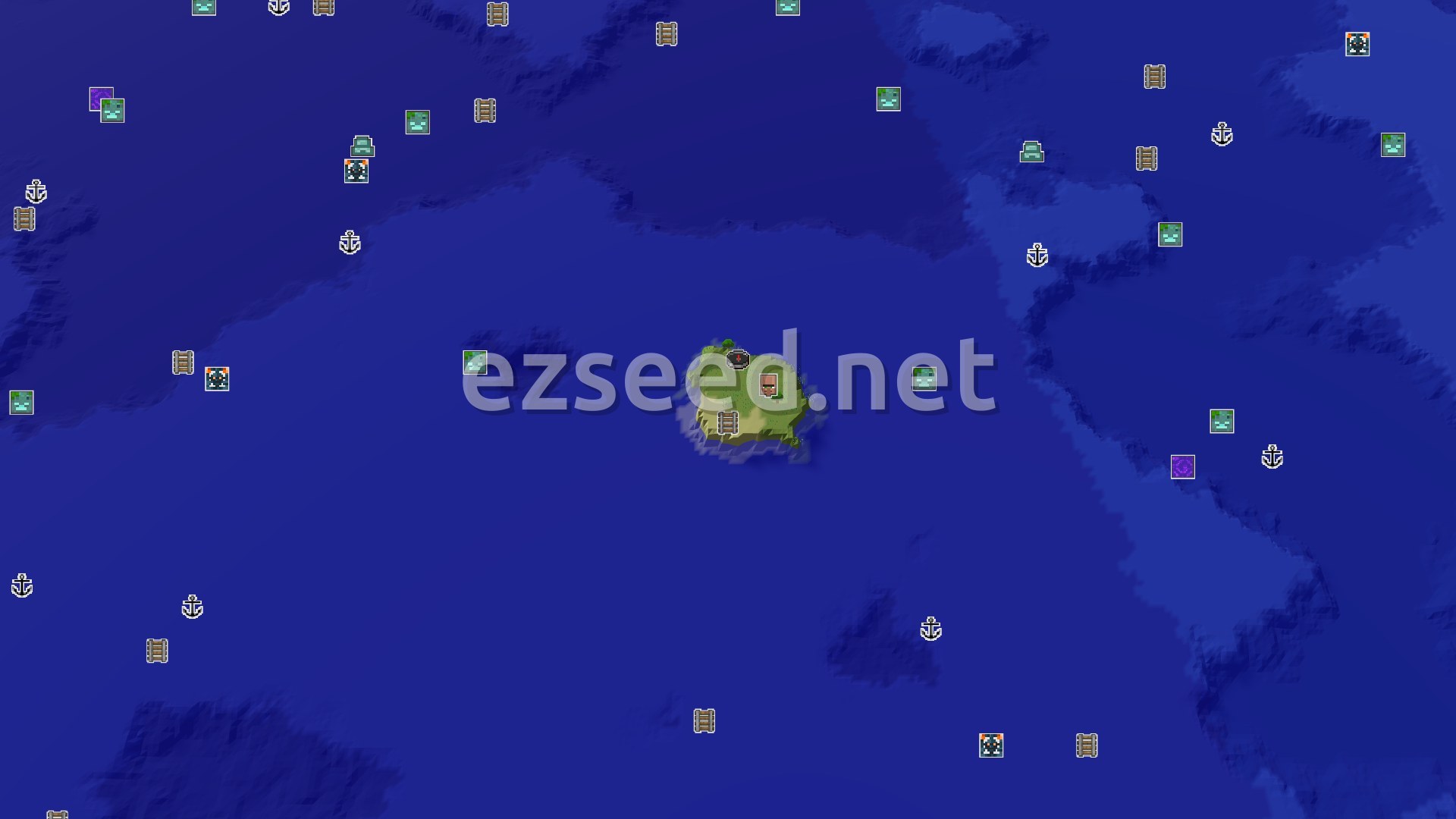 Aerial Minecraft seed map — Island Start with Village and Buried Treasure Nearby