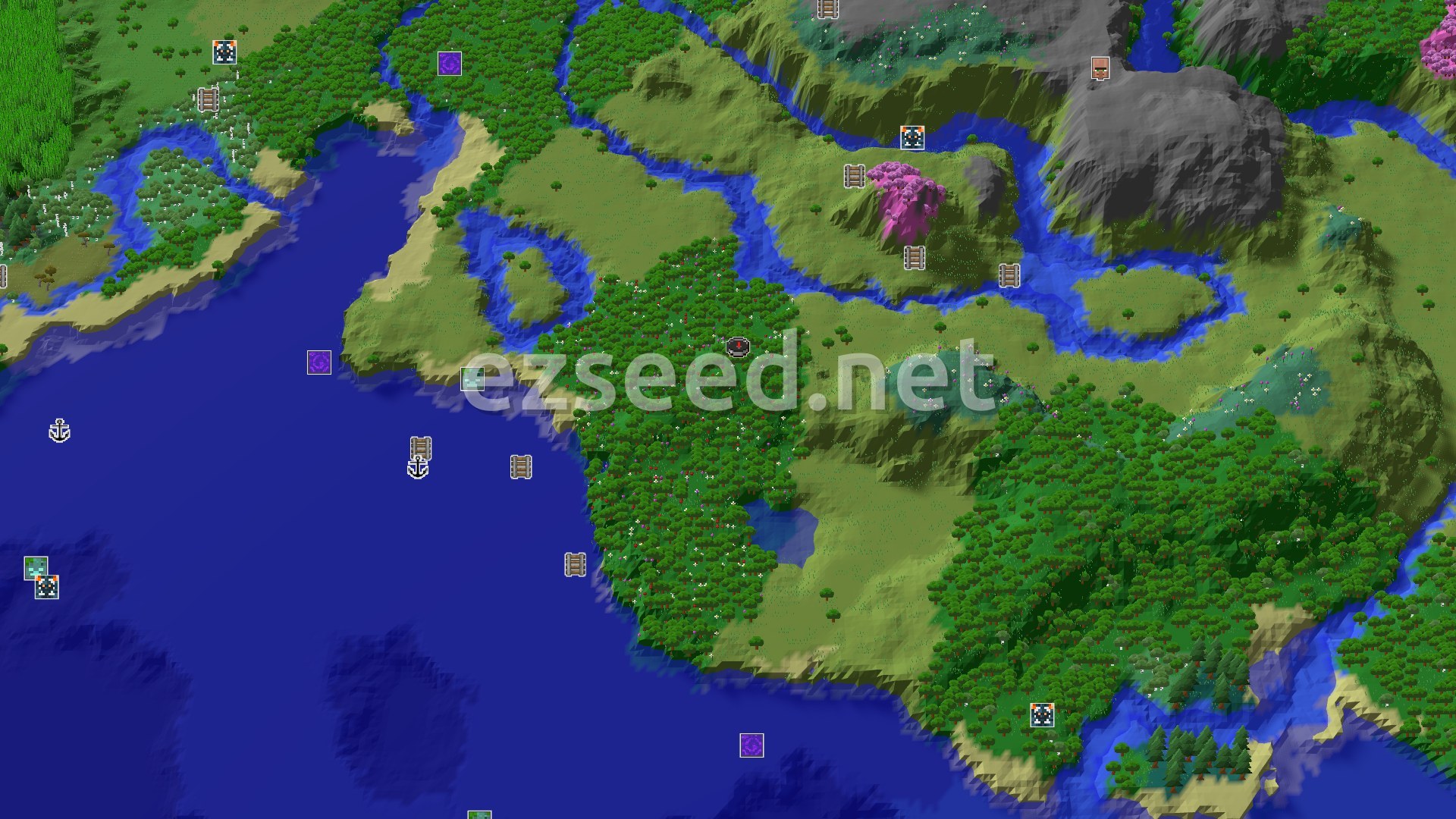 Aerial Minecraft seed map — A Flower Forest Start with Cherry Grove and Trials Nearby