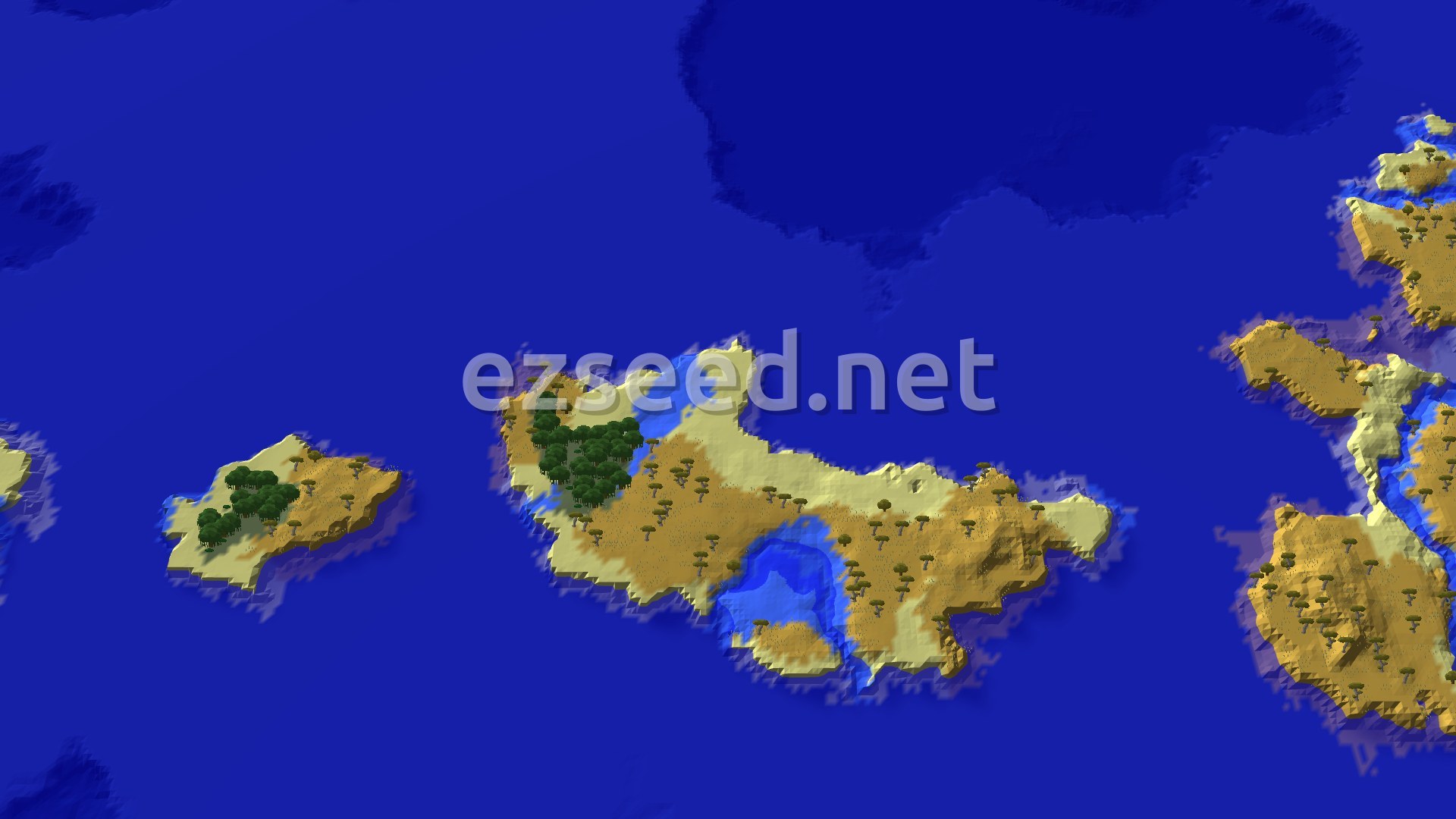 A bird's eye view of a large desert island, with a lush jungle biome on one end and scattered savanna trees across the sandy landscape, all surrounded by deep blue ocean.