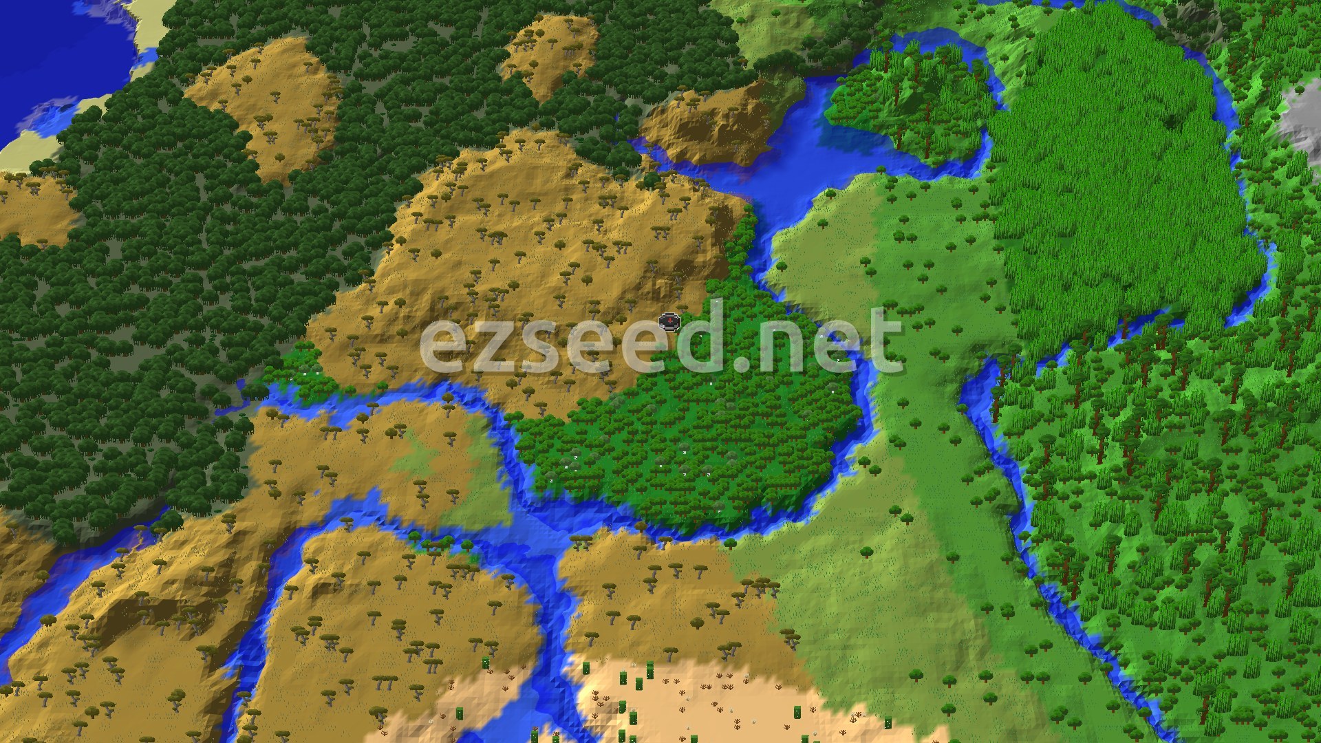 An aerial view of a Minecraft landscape, showing a mix of savanna and forest biomes, with rivers winding through the terrain. A small spawn marker is visible near the center.
