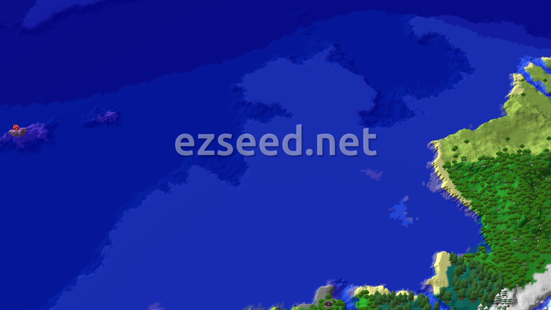 An overhead view of a large blue ocean with a green forested mainland on the right and a small mushroom island with red fungi on the far left. A small spawn marker is visible on the mainland.