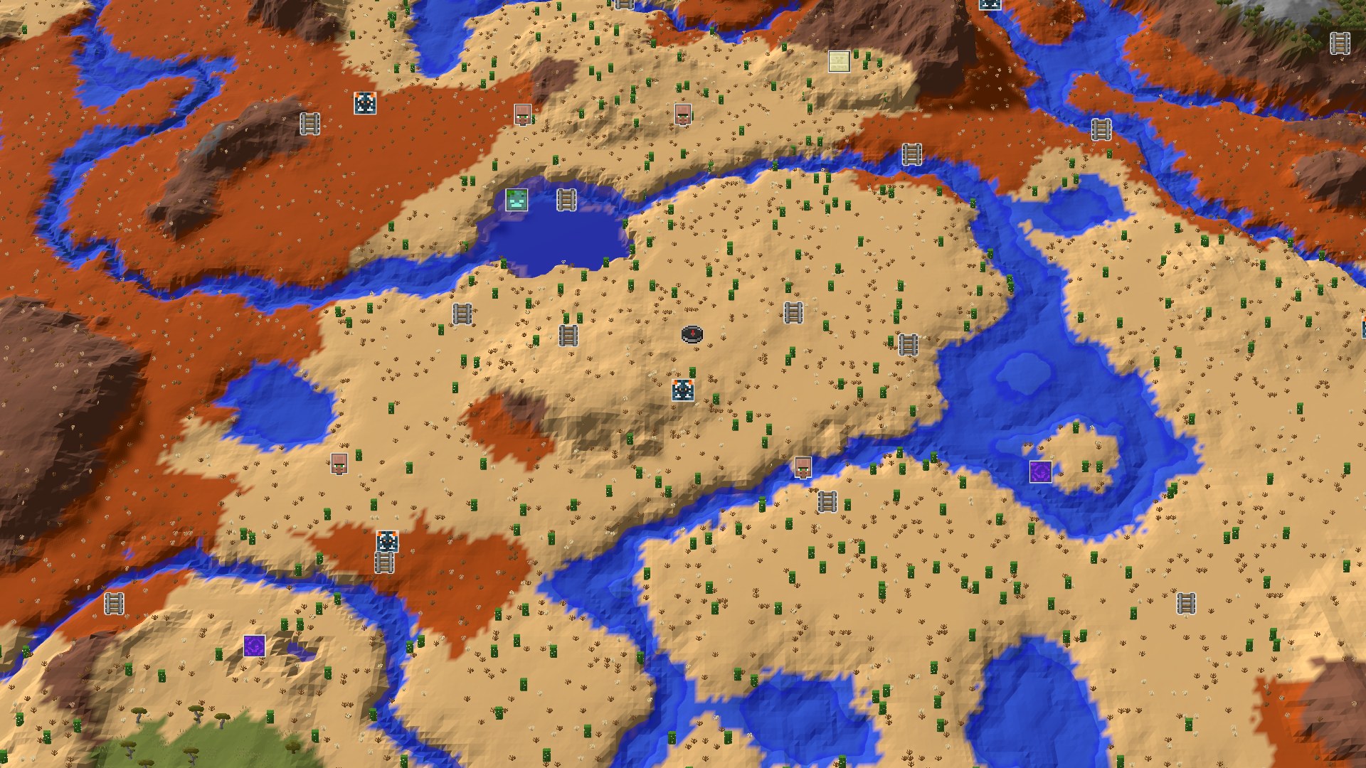 An overhead view of a sandy desert landscape, crisscrossed by blue rivers and patches of reddish-brown badlands, with scattered green cacti and sparse vegetation. A small spawn marker indicates the center.