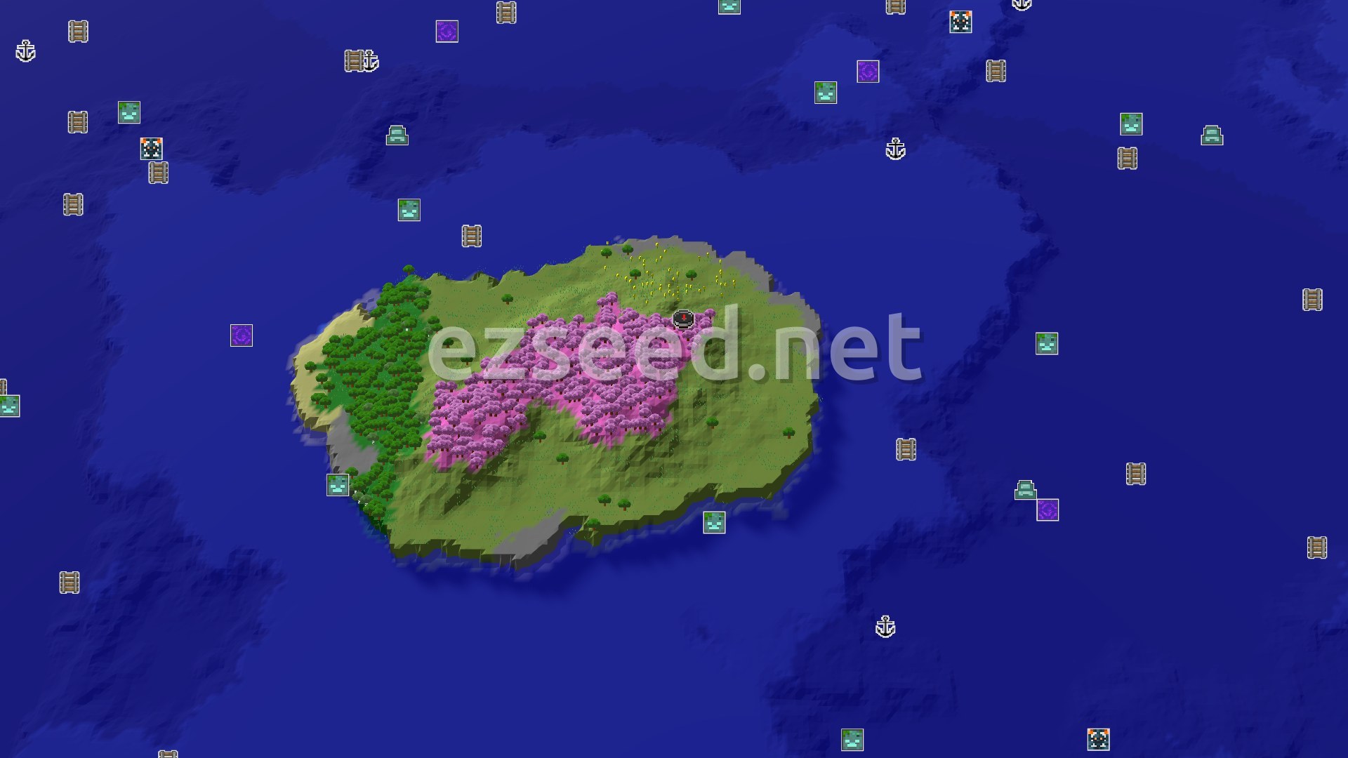 Aerial Minecraft seed map — Island Spawn with a Hidden Gem Below