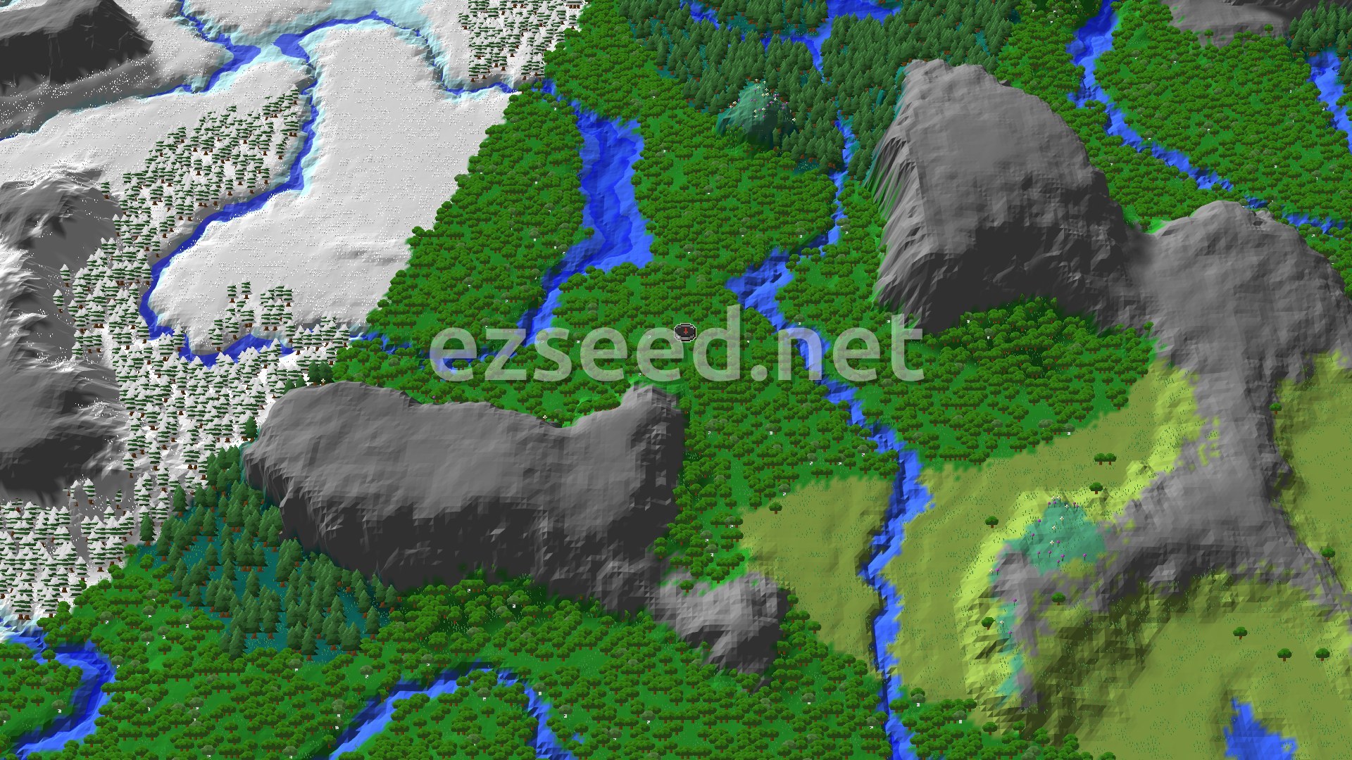 An aerial view shows a forest landscape with rivers, some snowy areas, and dark grey mountains. A small red marker indicates the spawn point.
