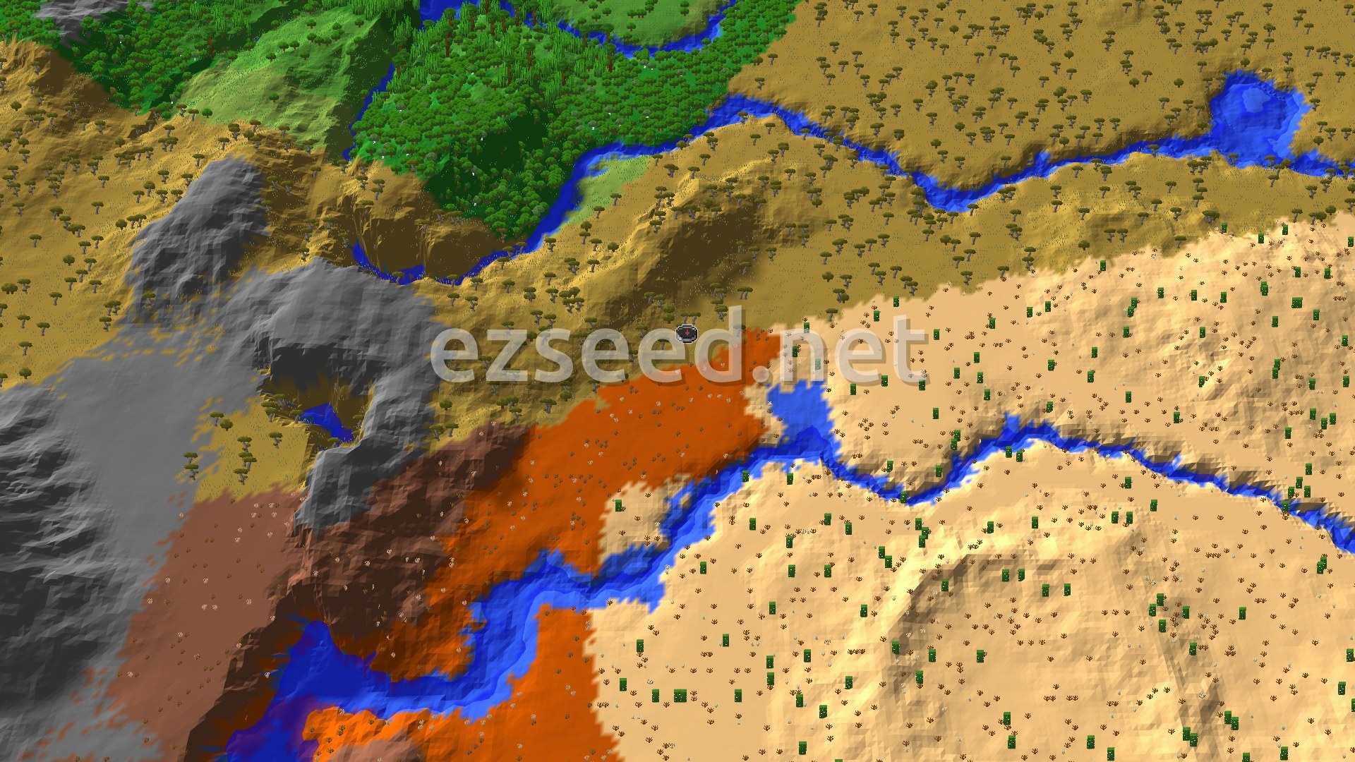 Aerial Minecraft seed map — Savanna Village Start with Nearby Eroded Badlands