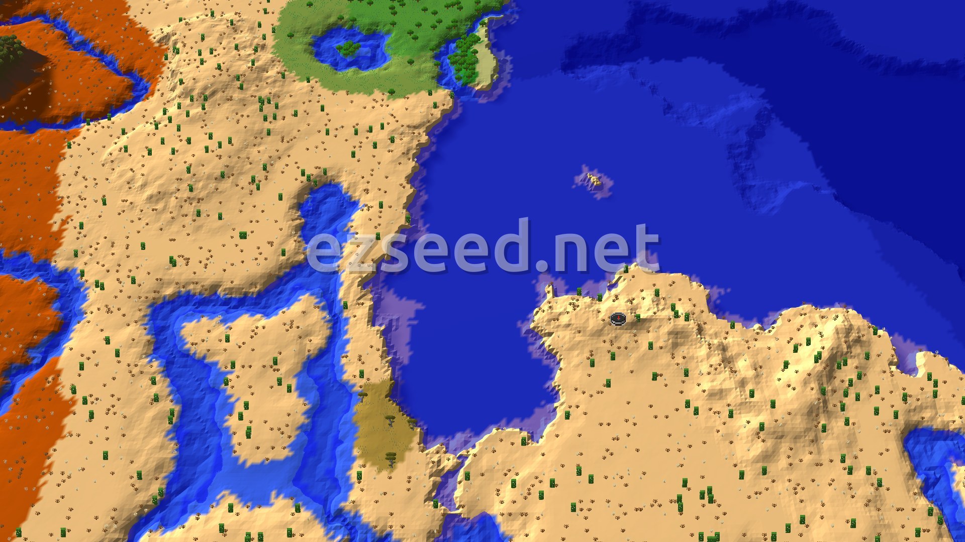 Aerial Minecraft seed map — Desert Spawn with Nearby Pyramid and Village