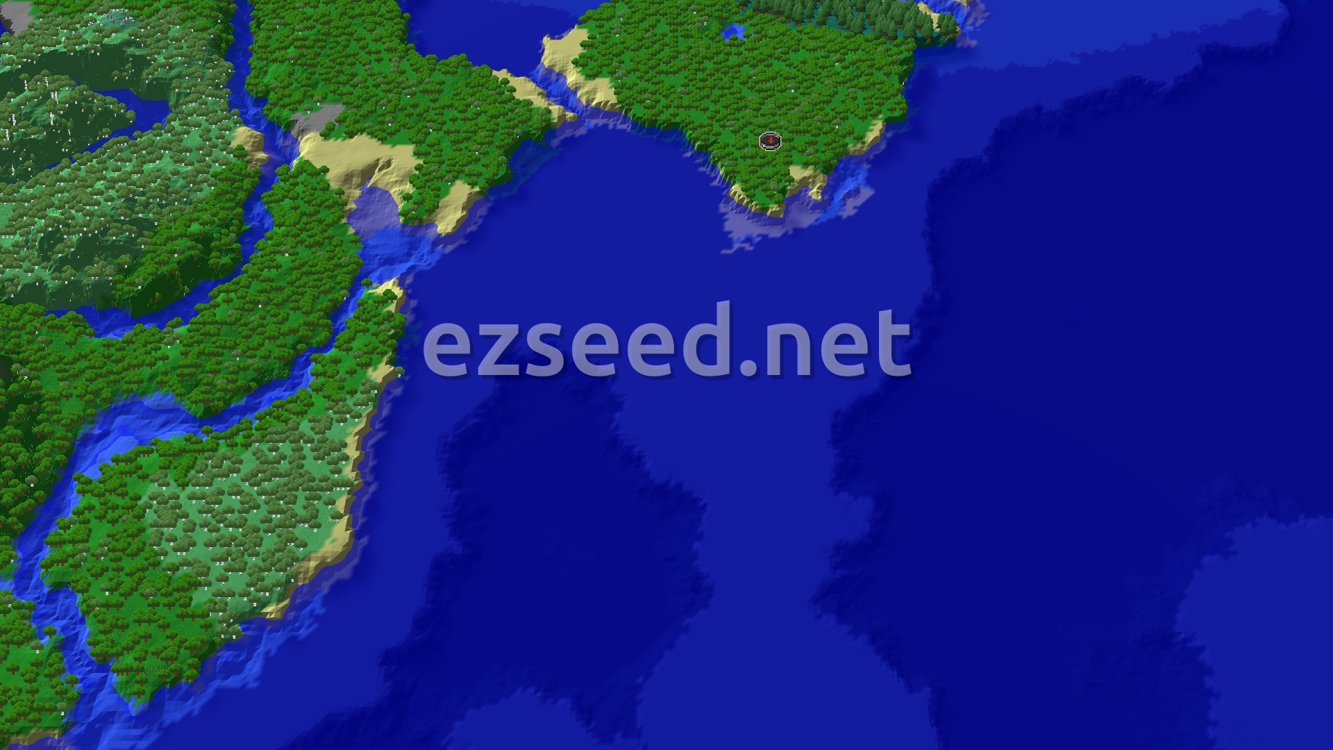 Aerial Minecraft seed map — Trial Chambers and Trail Ruins near a Coastal Spawn