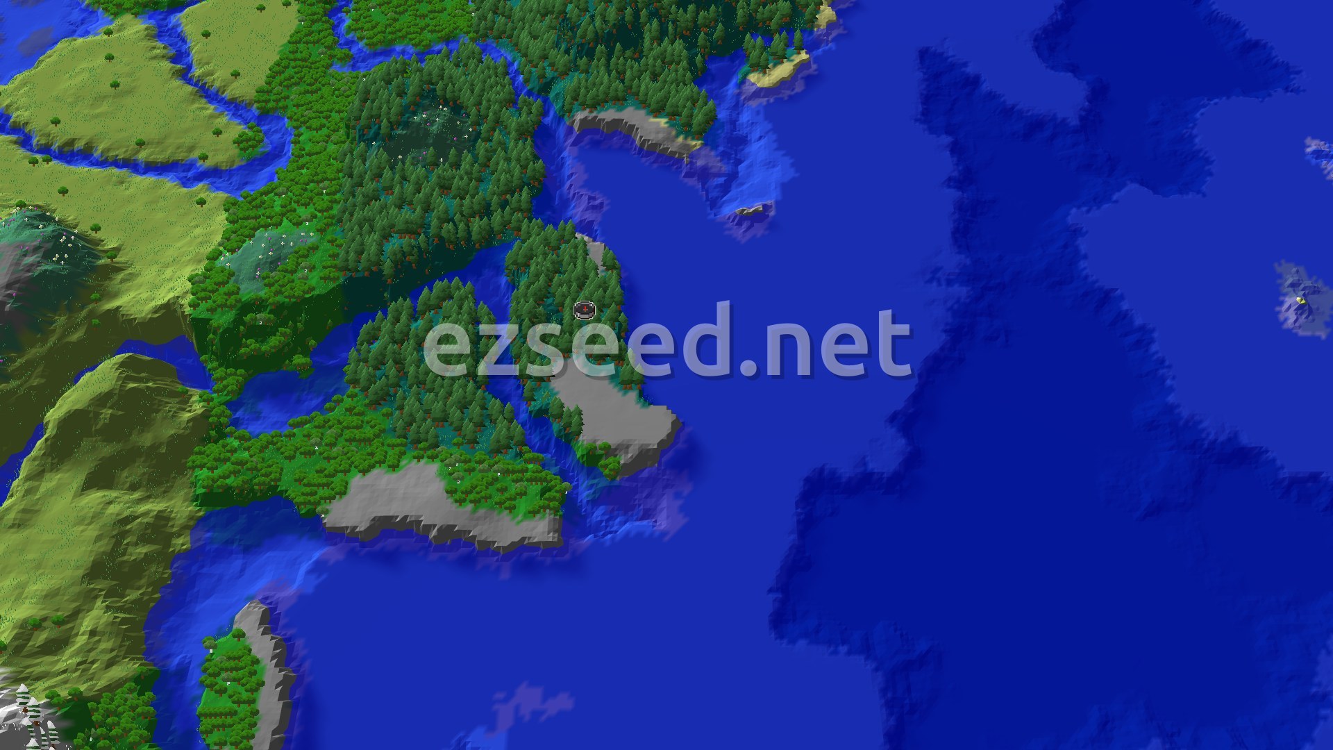 Aerial Minecraft seed map — Taiga Spawn with Near Ancient City and Ocean Monument