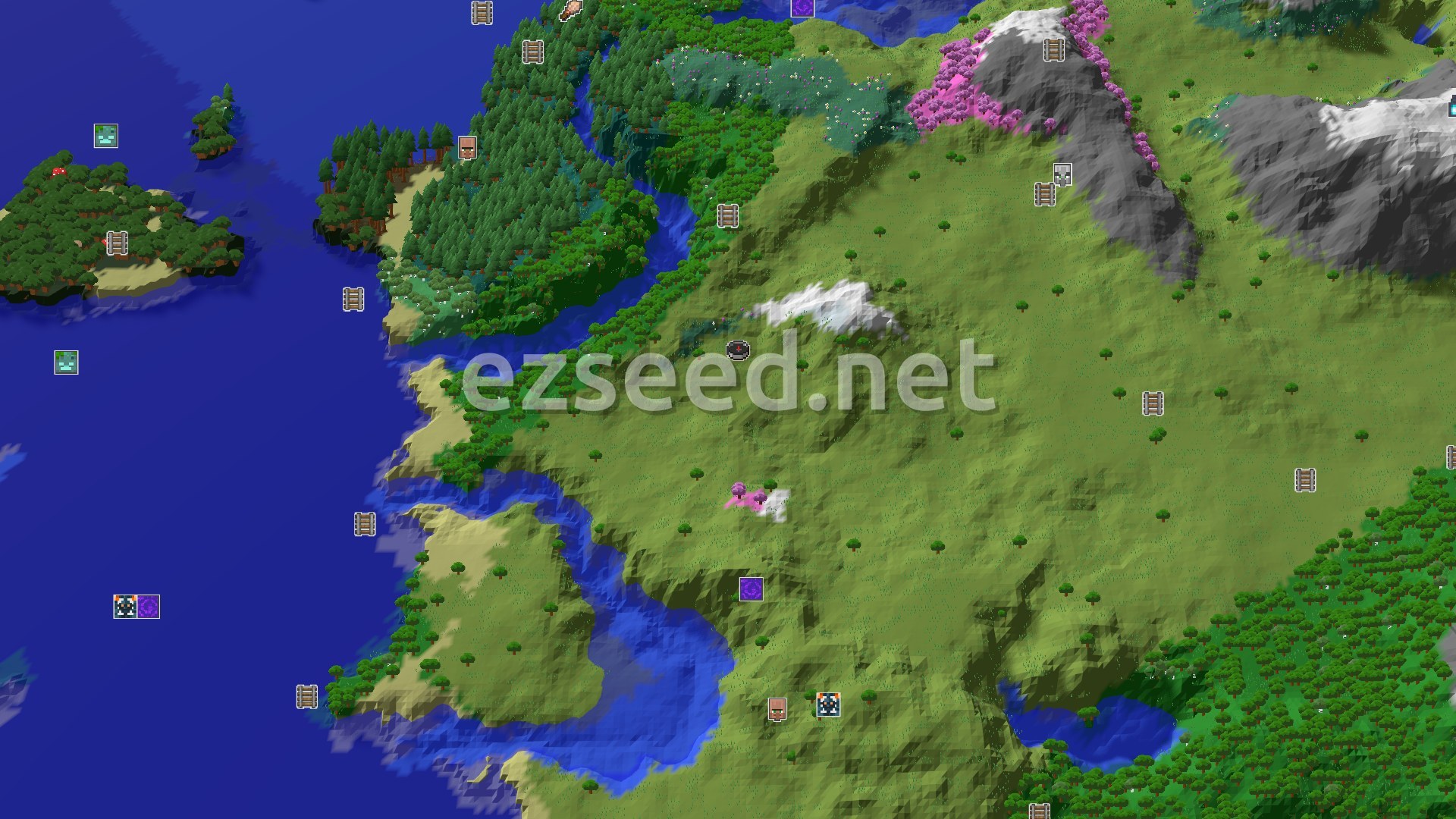 Aerial Minecraft seed map — A Cherry Grove Start with Nearby Structures