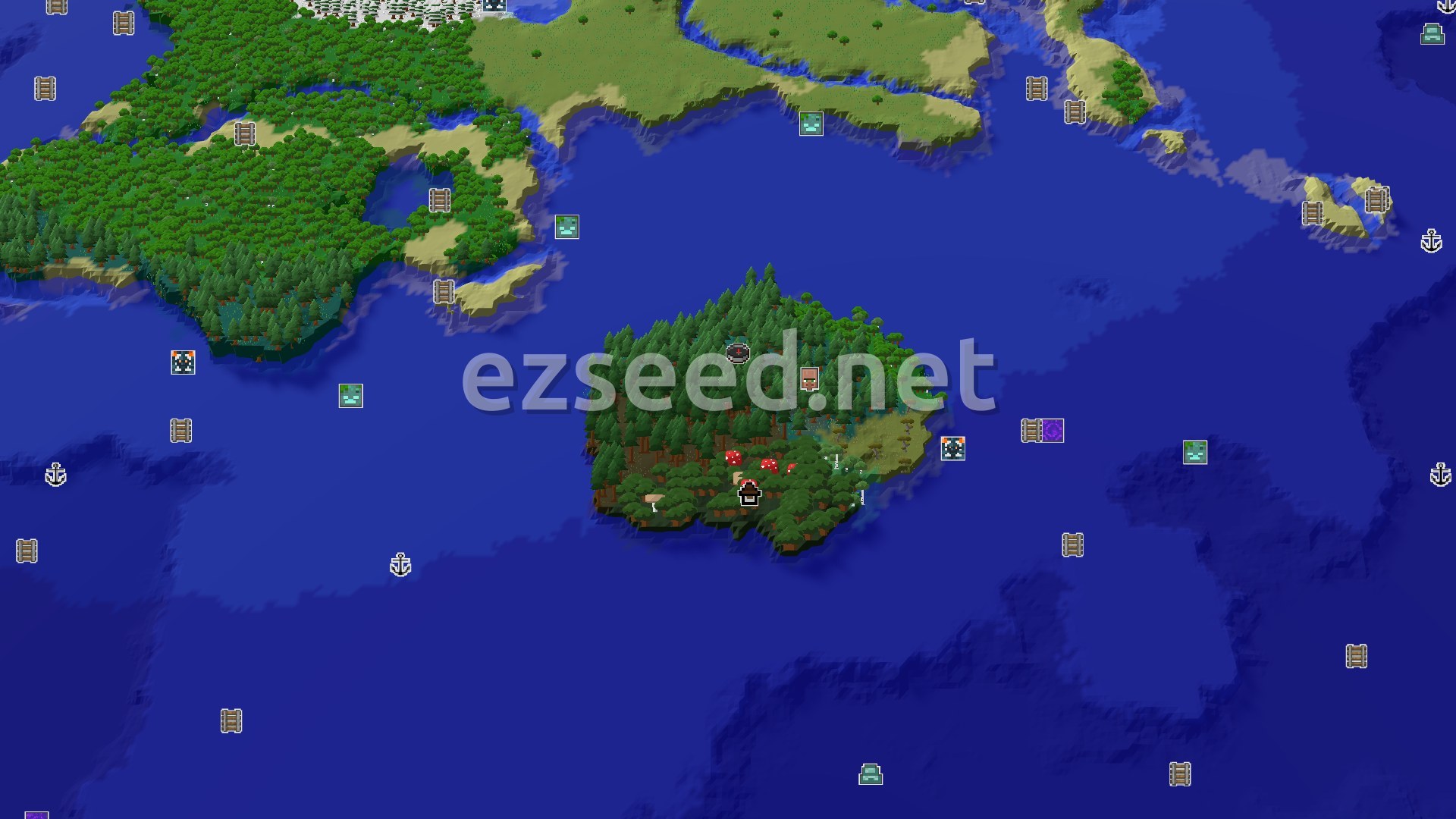 Aerial Minecraft seed map — A Woodland Mansion and Village Close to Taiga Spawn