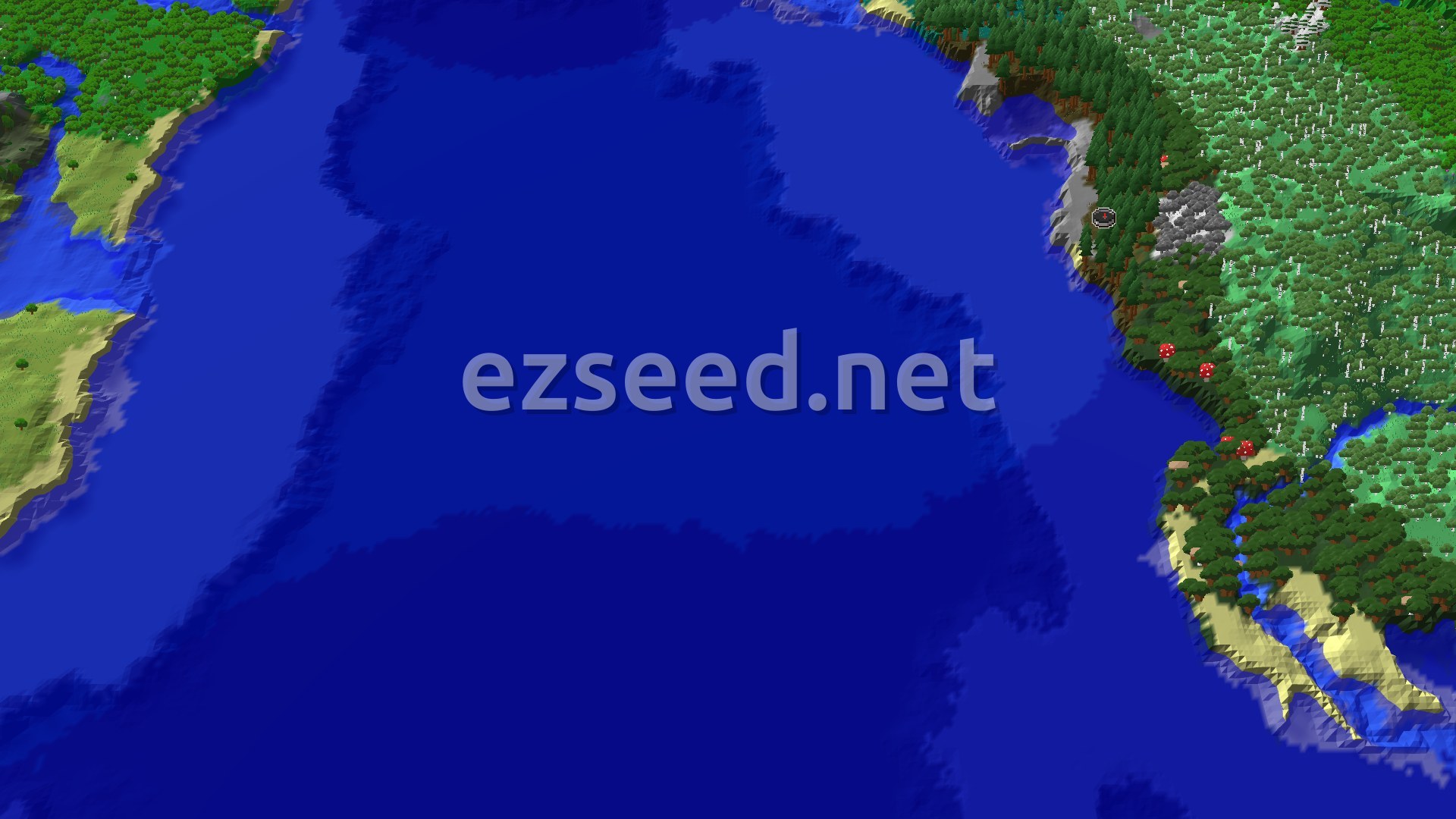 A 3D fly-over of a world with a large ocean, a coastline of various forests including pine and birch, and some stony shores.
