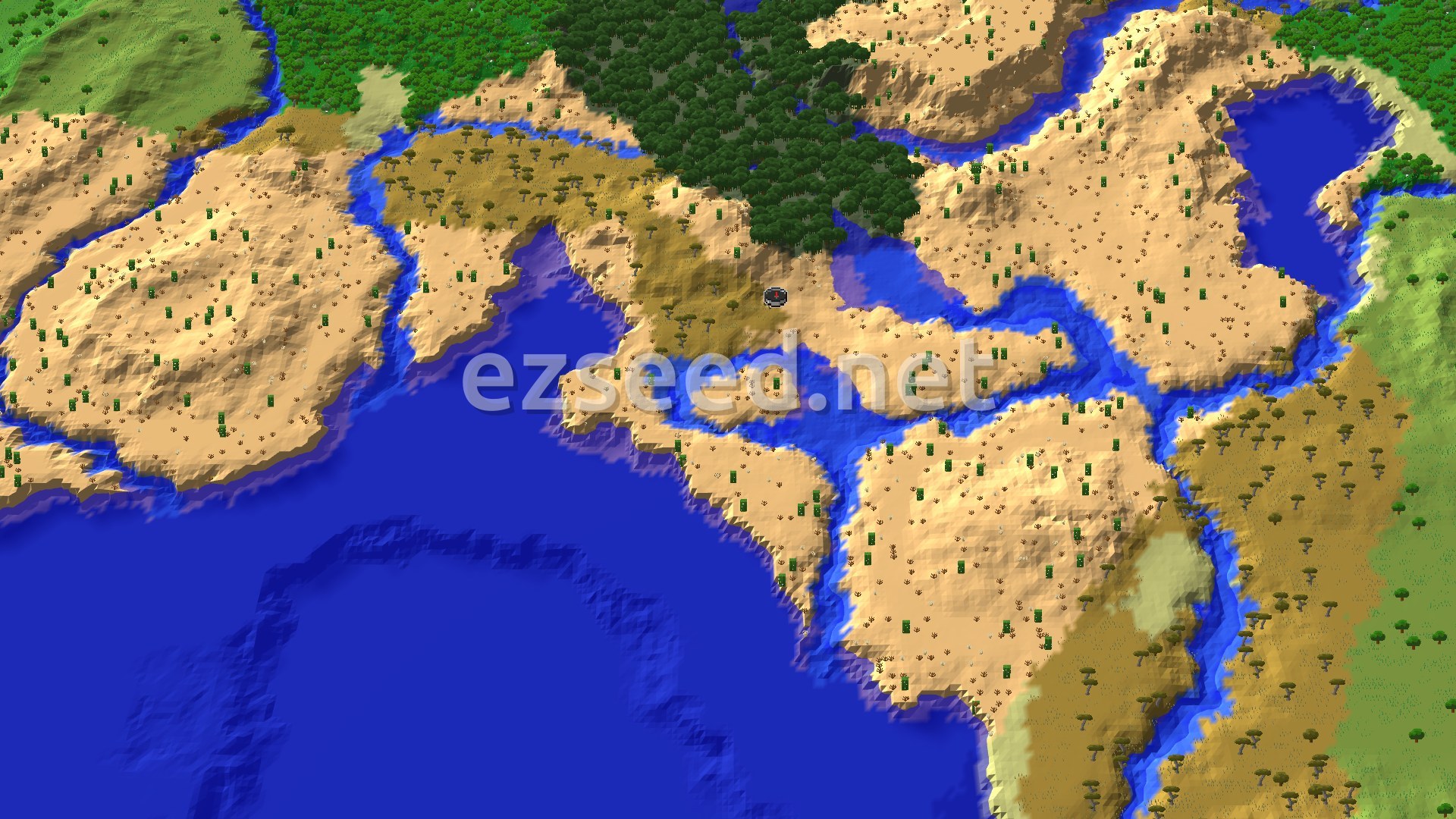 Aerial Minecraft seed map — Mangrove Swamp and Desert Pyramid Near Spawn