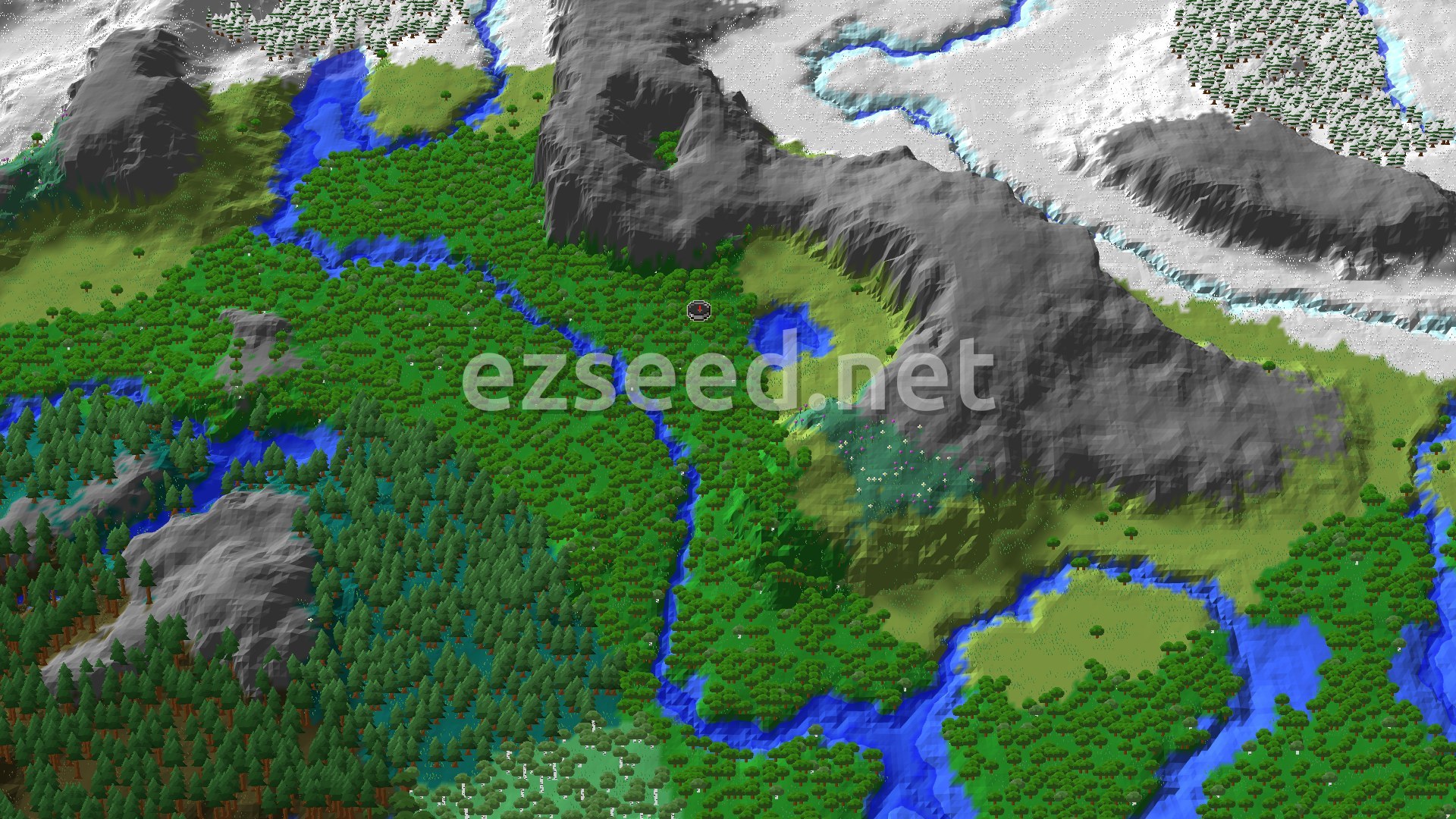 A 3D fly-over of a varied Minecraft landscape, showing a dense forest around the spawn marker, winding rivers, and rising mountains leading to snowy plains.