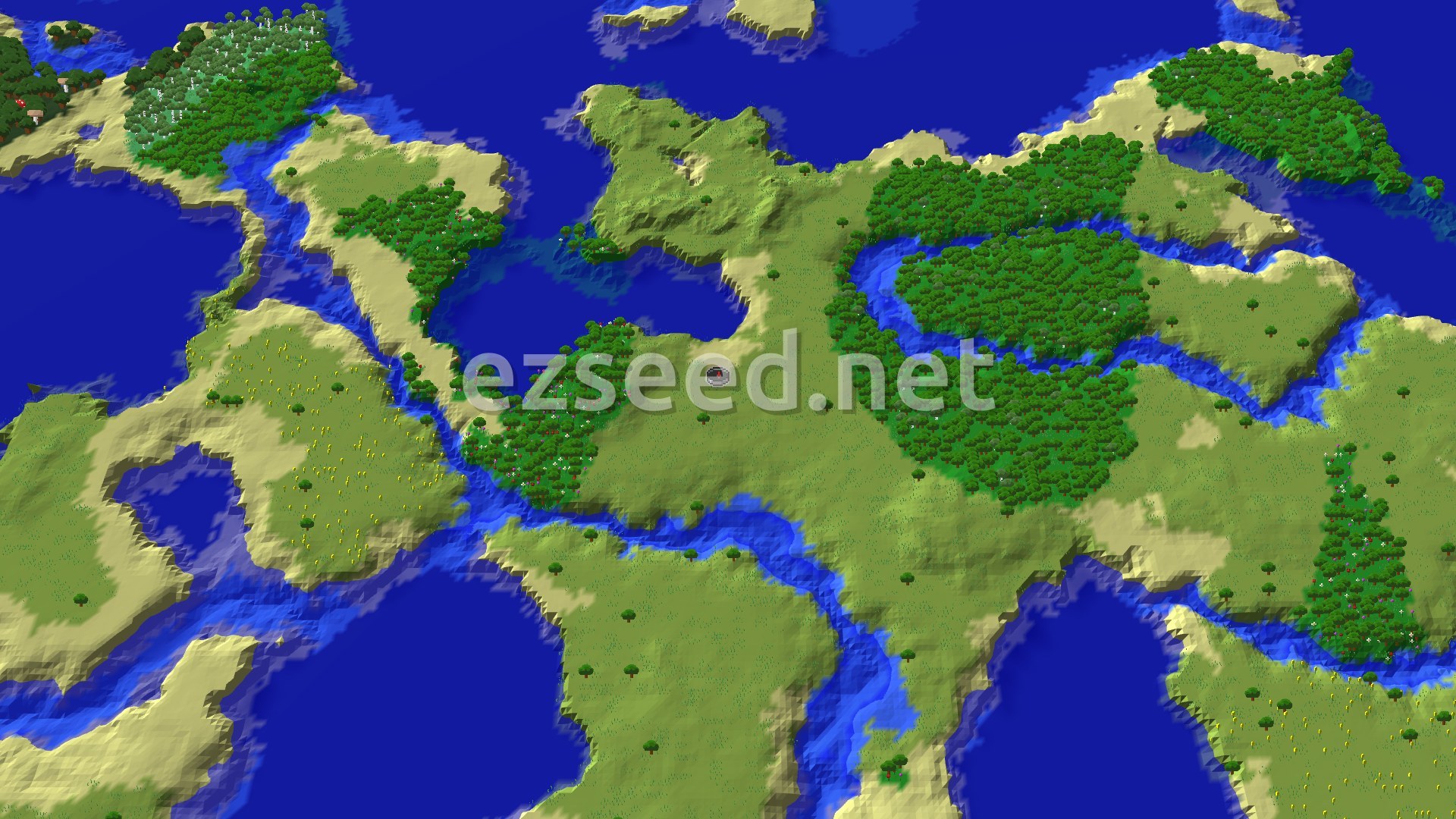 A 3D overhead view of a diverse Minecraft landscape featuring a mix of green plains, dense forests, winding rivers, and a vast blue ocean with sandy beaches and small islands, with a small spawn marker in the center of a grassy area.