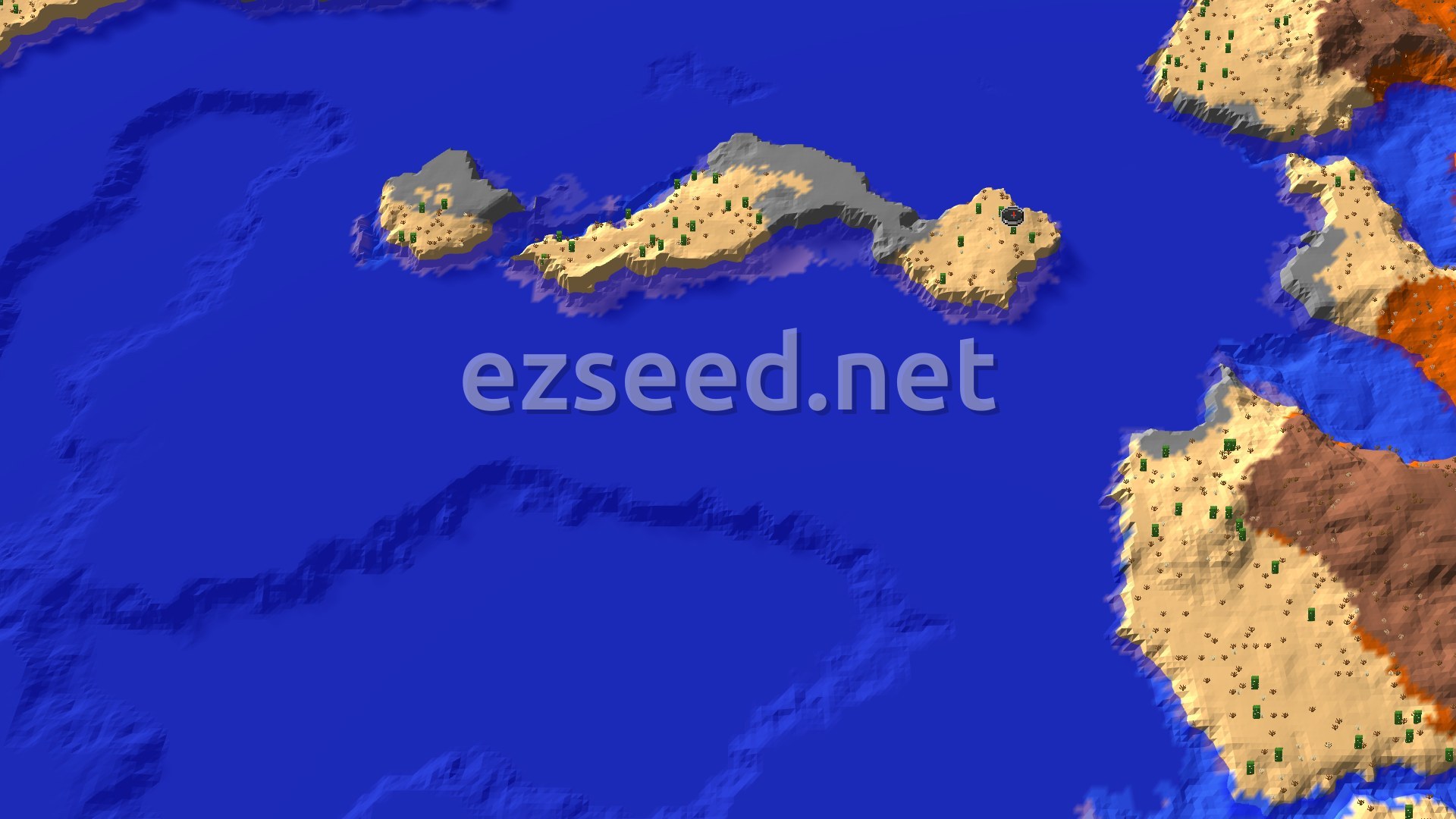 Aerial Minecraft seed map — Desert Spawn with Nearby Badlands and a Shipwreck