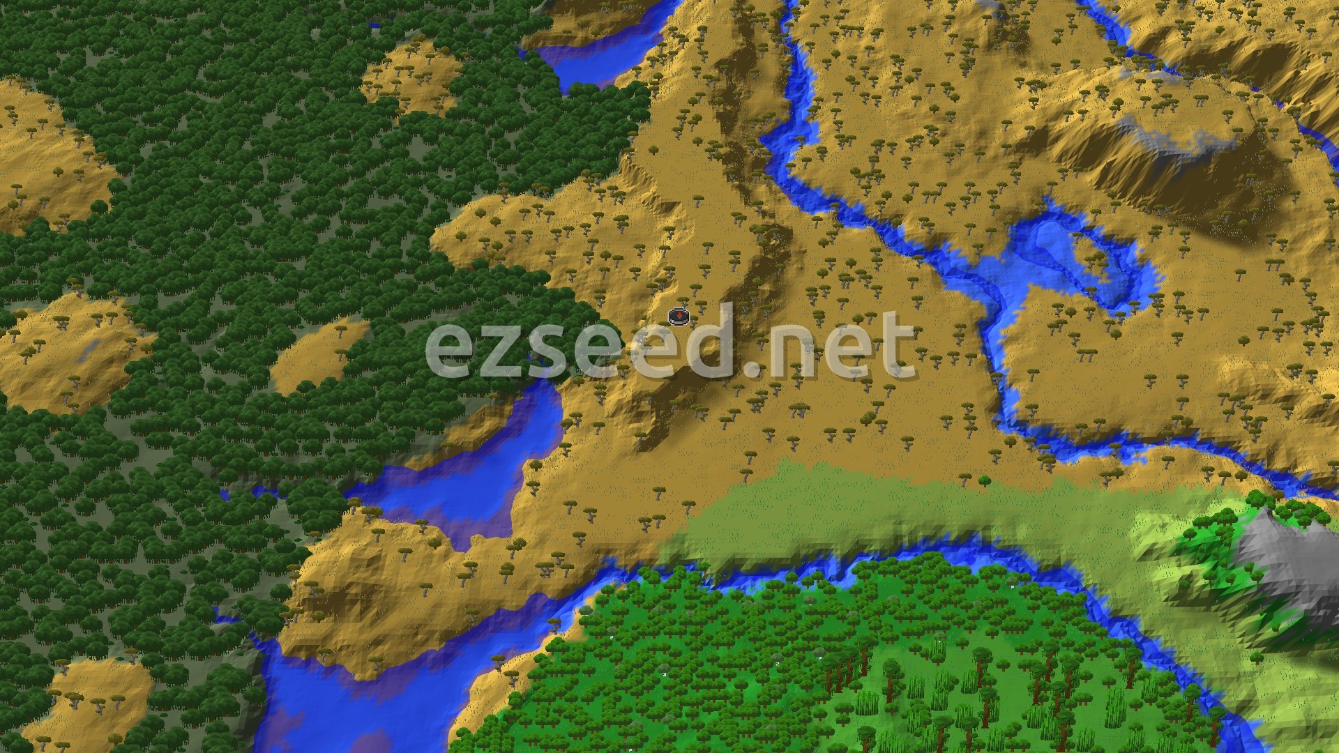 An aerial view of a savanna biome with scattered acacia trees, bordered by a river and a dense forest, with a small spawn marker in the center.