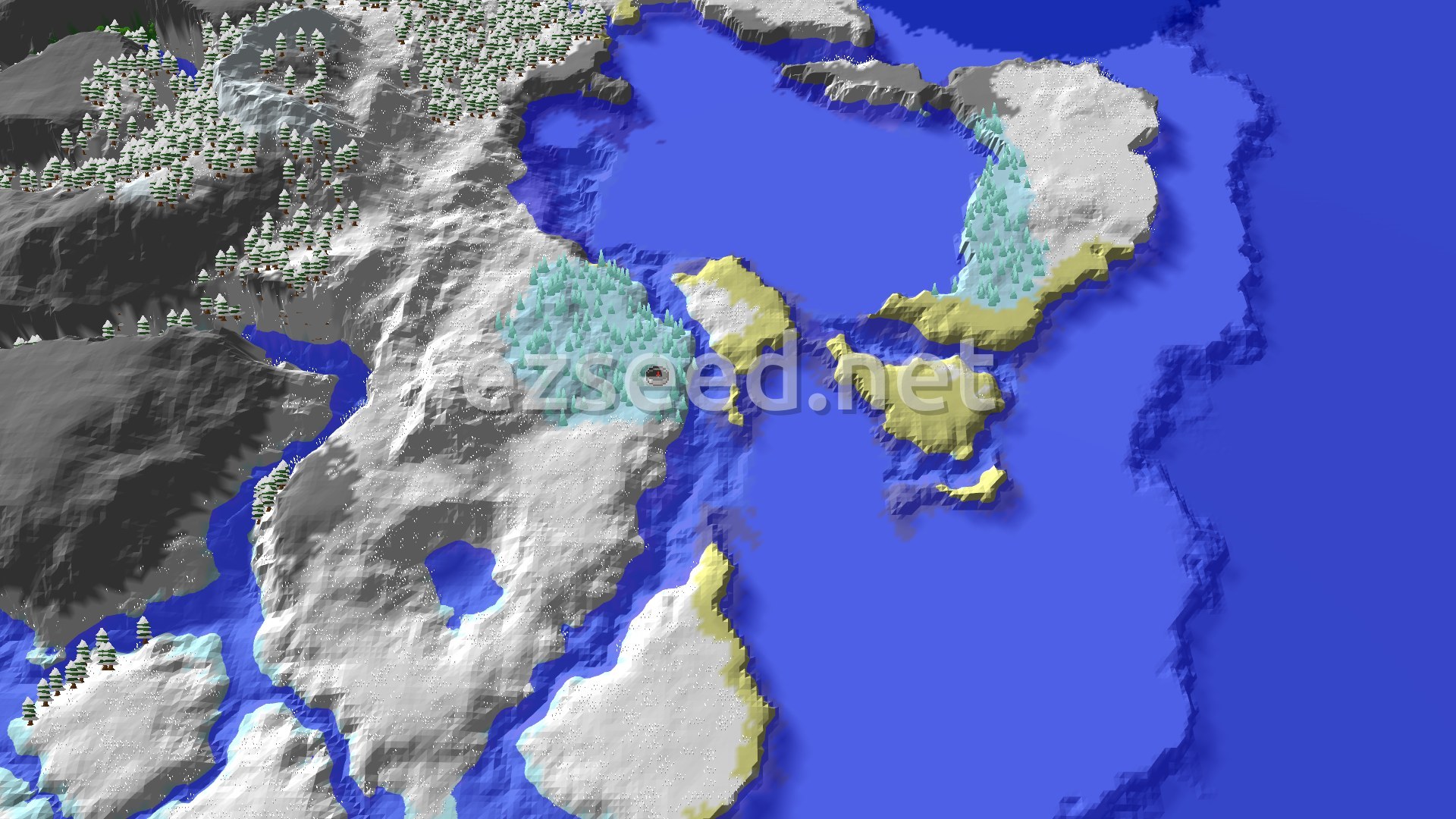 Aerial Minecraft seed map — Ice Spikes Spawn with Nearby Trial Chambers