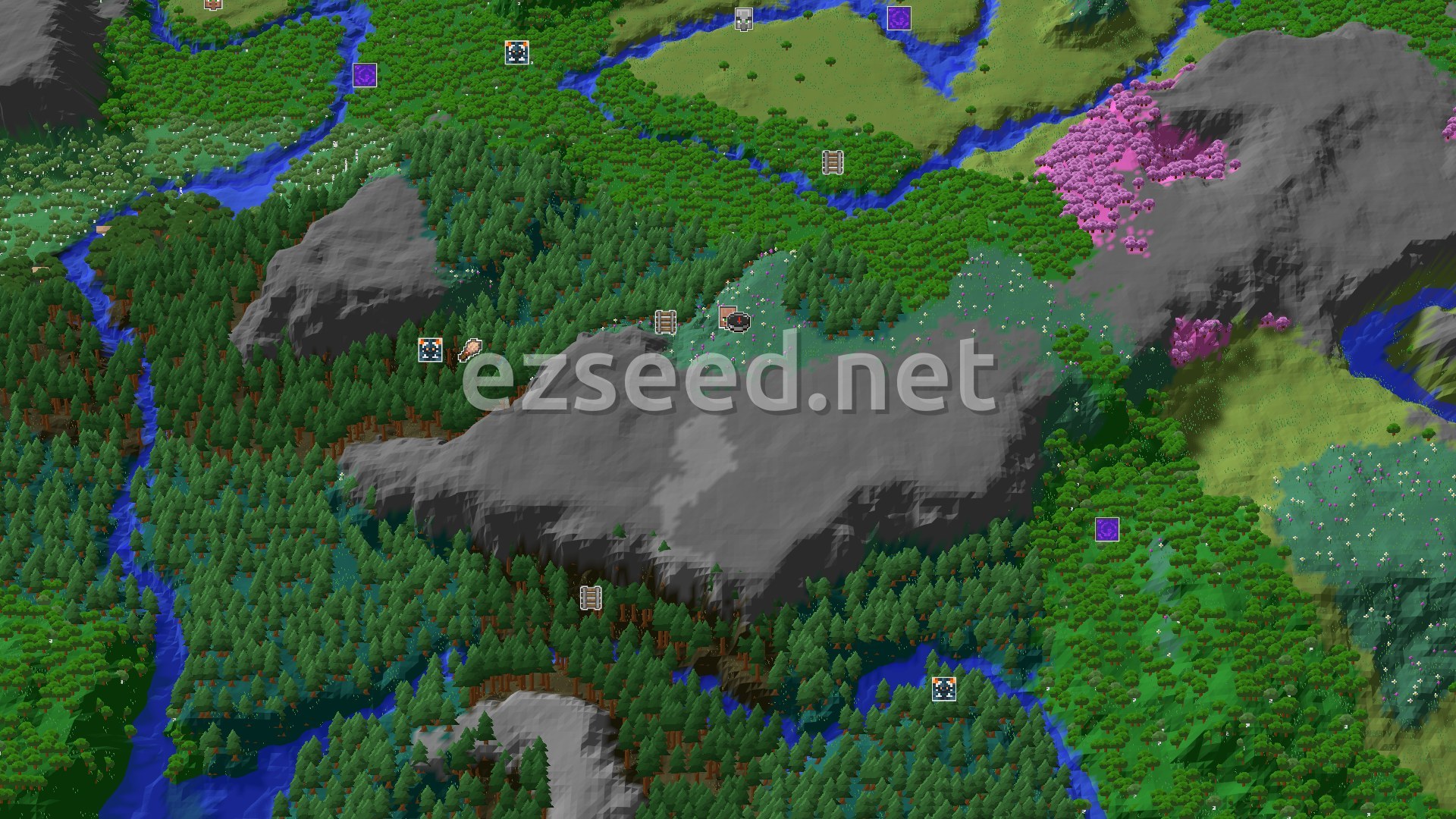 Aerial Minecraft seed map — A Village and Cherry Grove Starter World