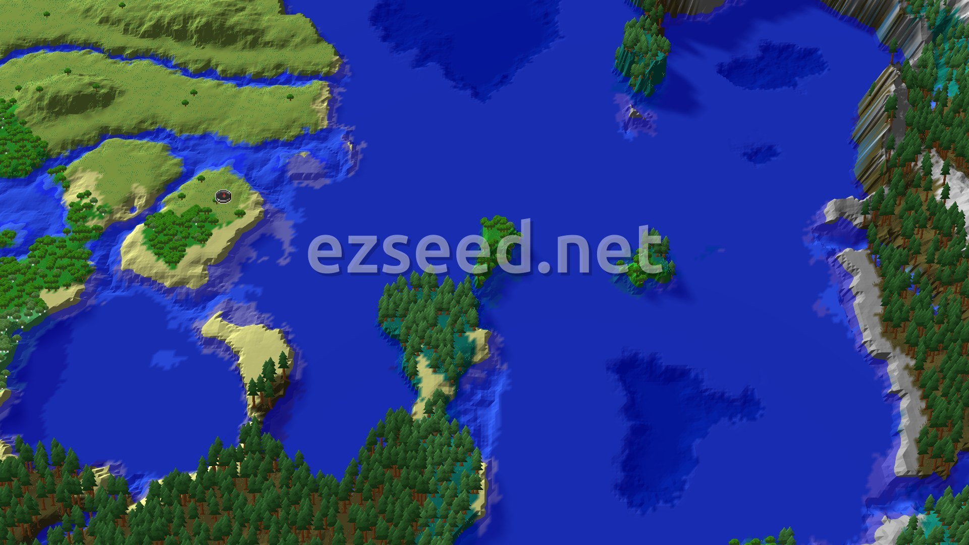 Aerial Minecraft seed map — An Island Spawn with a Nearby Village and Ocean Ruin