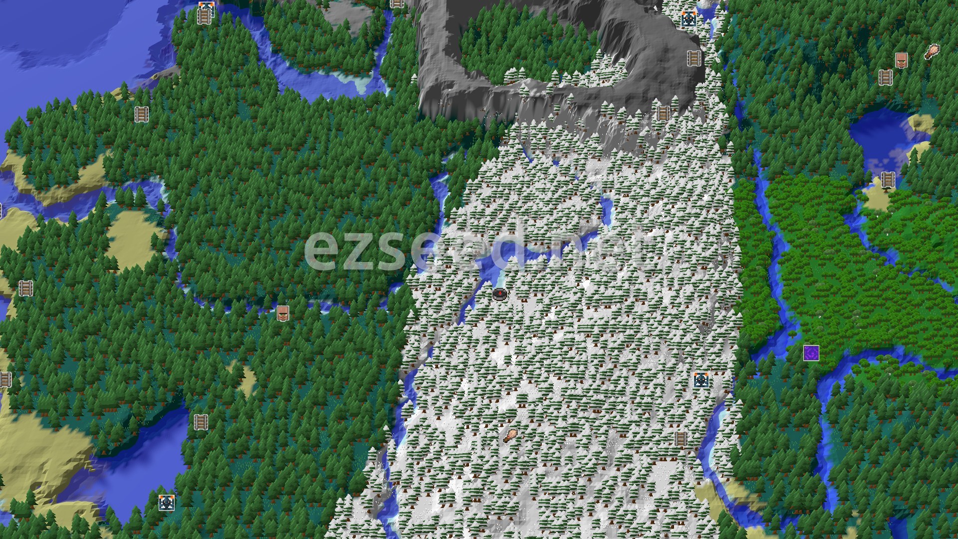 Aerial Minecraft seed map — A Snowy Start with Peaks and Underground Wonders
