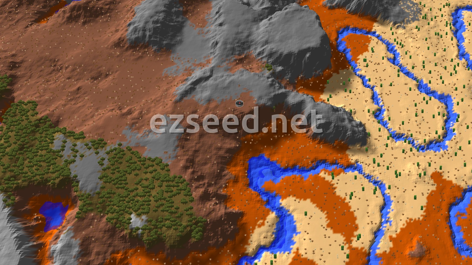 A 3D fly-over rendering of a Minecraft world, showing a diverse landscape. Badlands and Wooded Badlands with their distinctive terracotta colors dominate the foreground and left, featuring some scattered green trees. Towards the right, a river with blue water flows through a Desert biome, marked by lighter sand colors and some cacti. In the background and top left, there are grey, rocky mountains, possibly indicative of stony shore or similar elevated terrain. A small spawn marker is visible near the center.