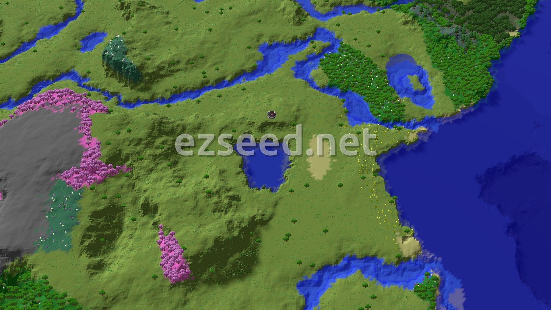Aerial Minecraft seed map — Cherry Grove and Mineshaft Near a Plains Spawn