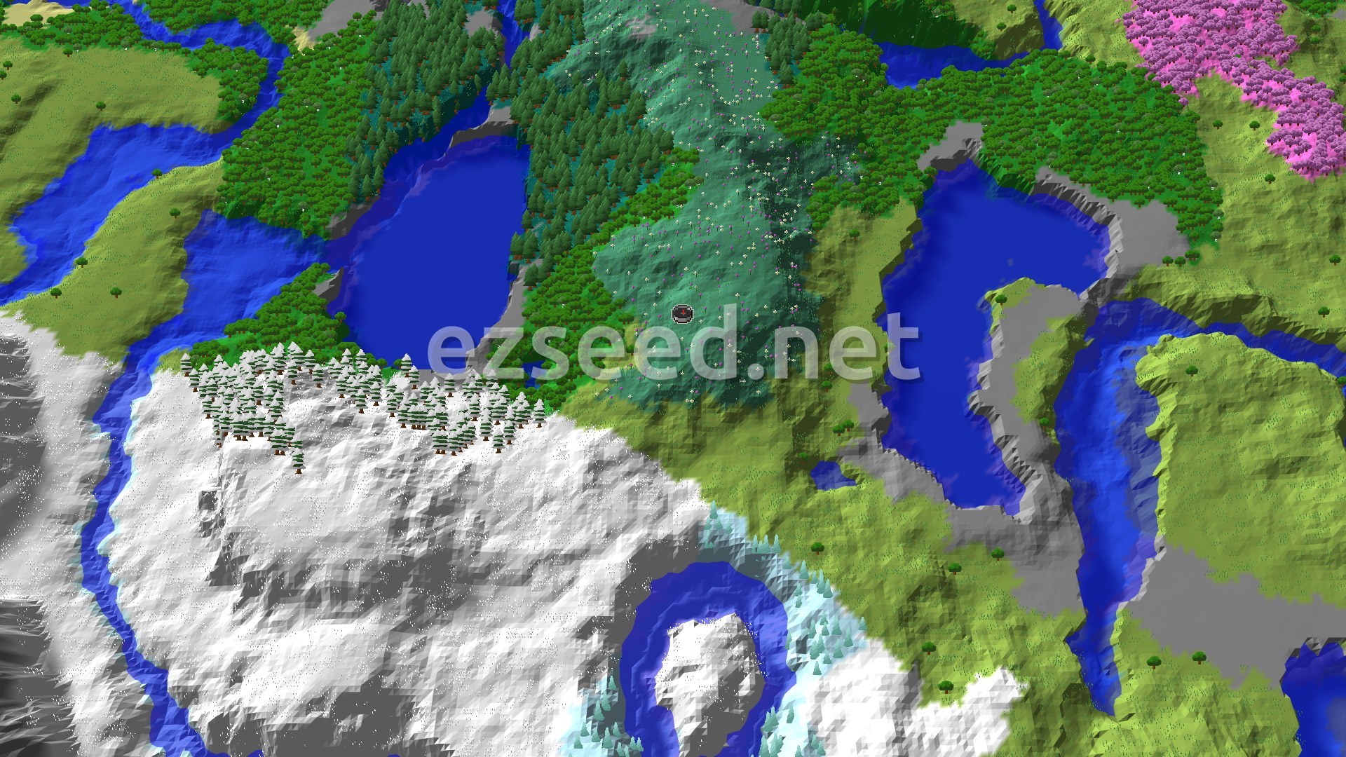 A 3D fly-over of varied terrain, showing a mix of green meadows, dense forests, blue rivers and lakes, and a section of snowy peaks.