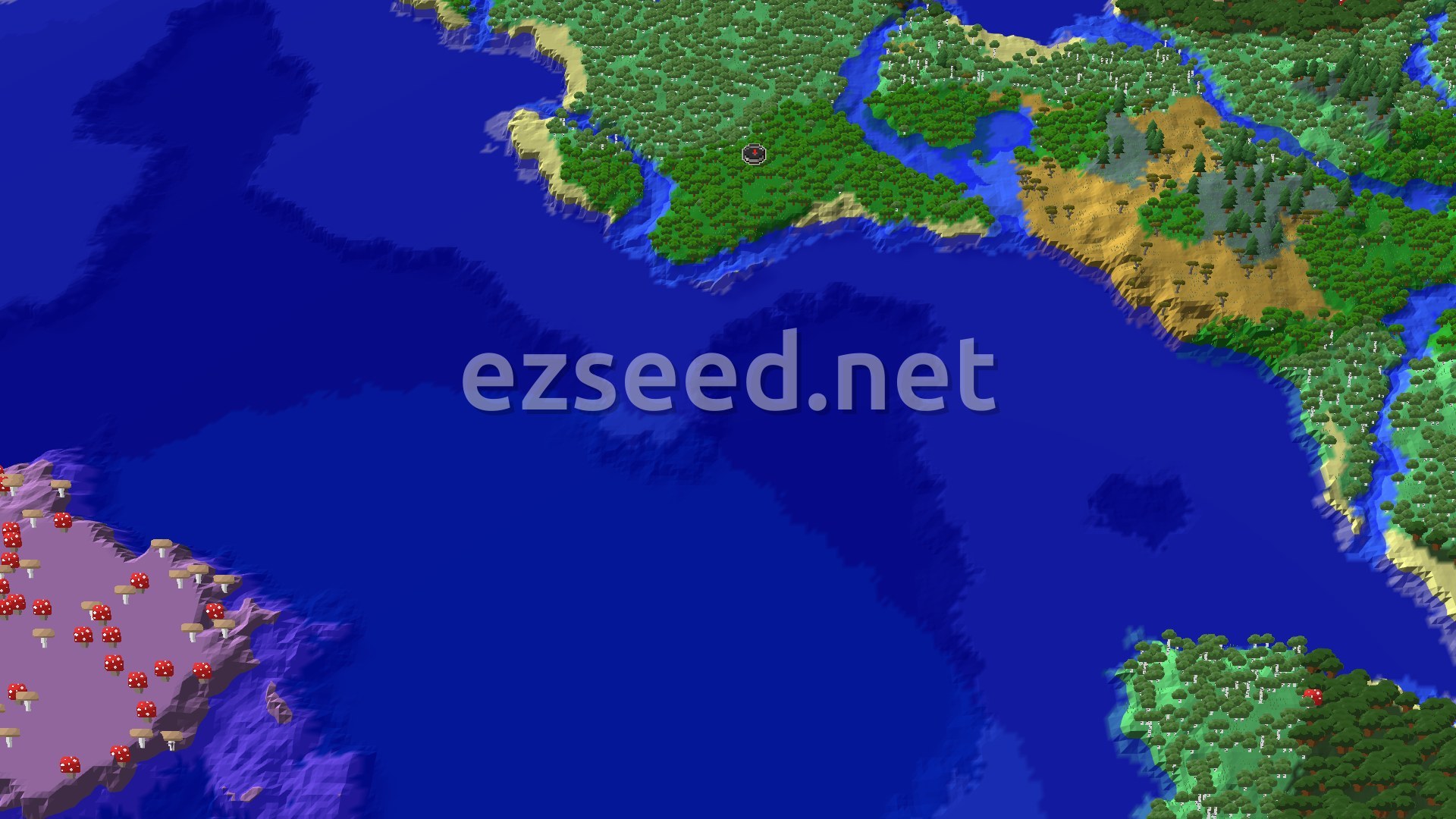 Aerial Minecraft seed map — Spawn in a Forest with a Mushroom Fields Island Nearby