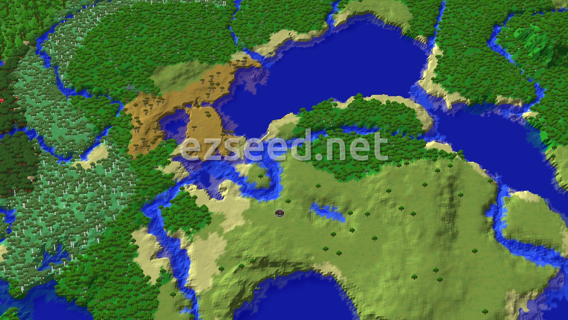 A 3D fly-over rendering of a Minecraft world shows a plains biome at the center with a marker for spawn, surrounded by forests, rivers, and oceans. A windswept savanna is visible to the northwest.