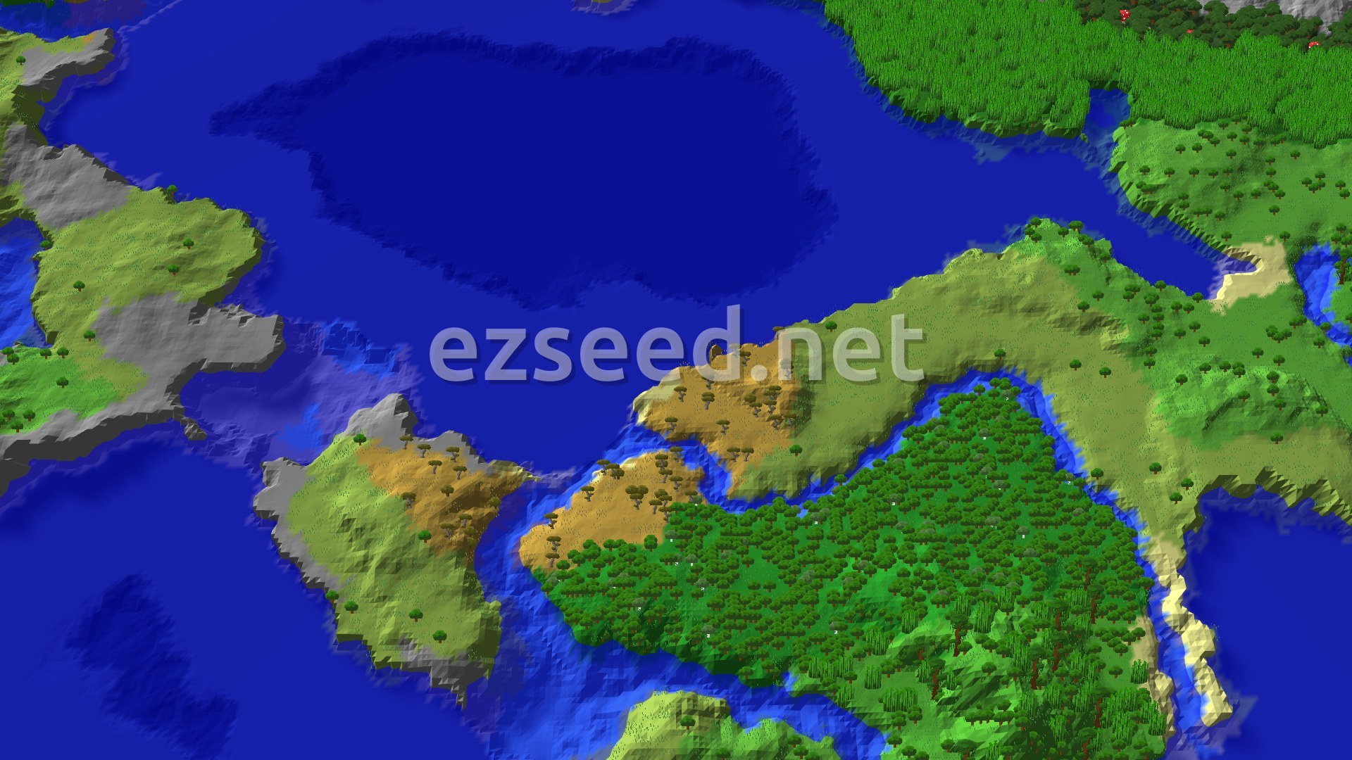 An aerial view of a varied landscape, showing a savanna biome with acacia trees, a dense forest, and a winding river leading to a large ocean.