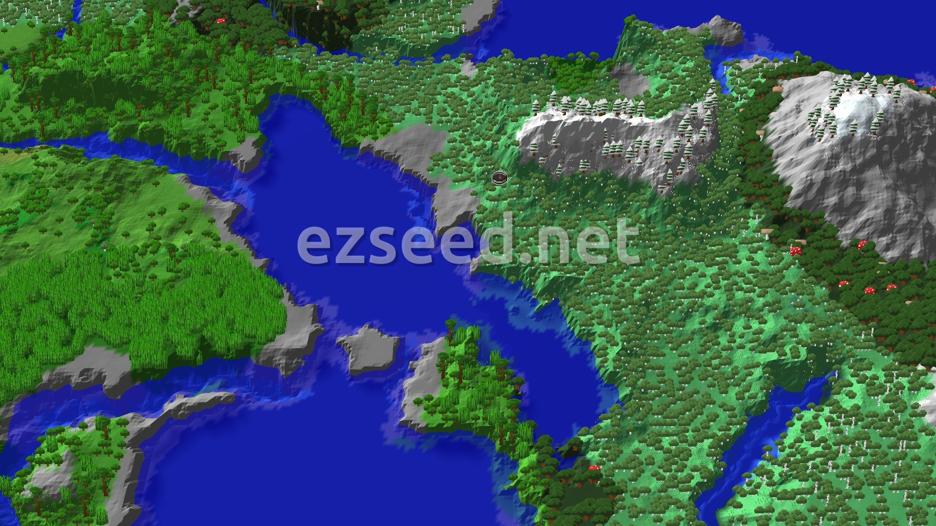 Aerial Minecraft seed map — Spawn in Birch Forest with Jagged Peaks Nearby