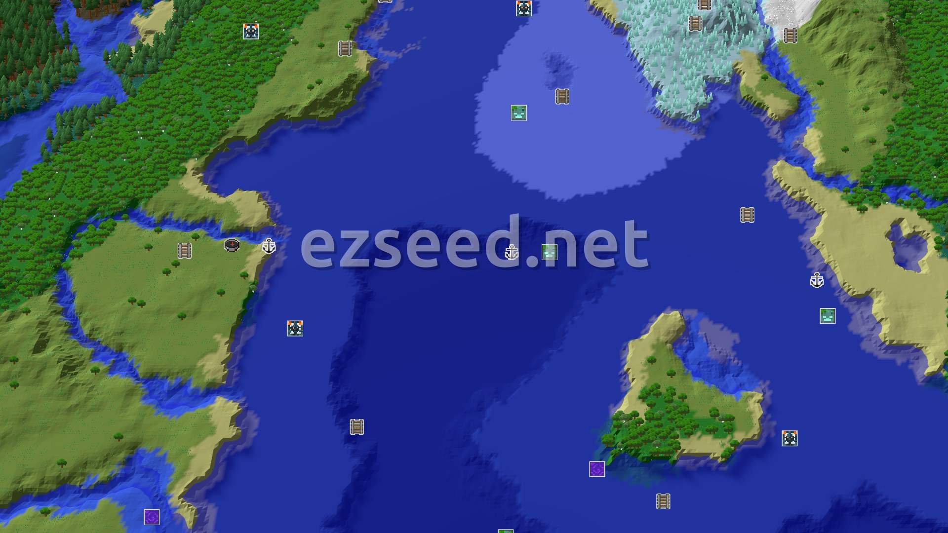 Aerial Minecraft seed map — An Ocean-Adjacent Plains Start with Nearby Structures