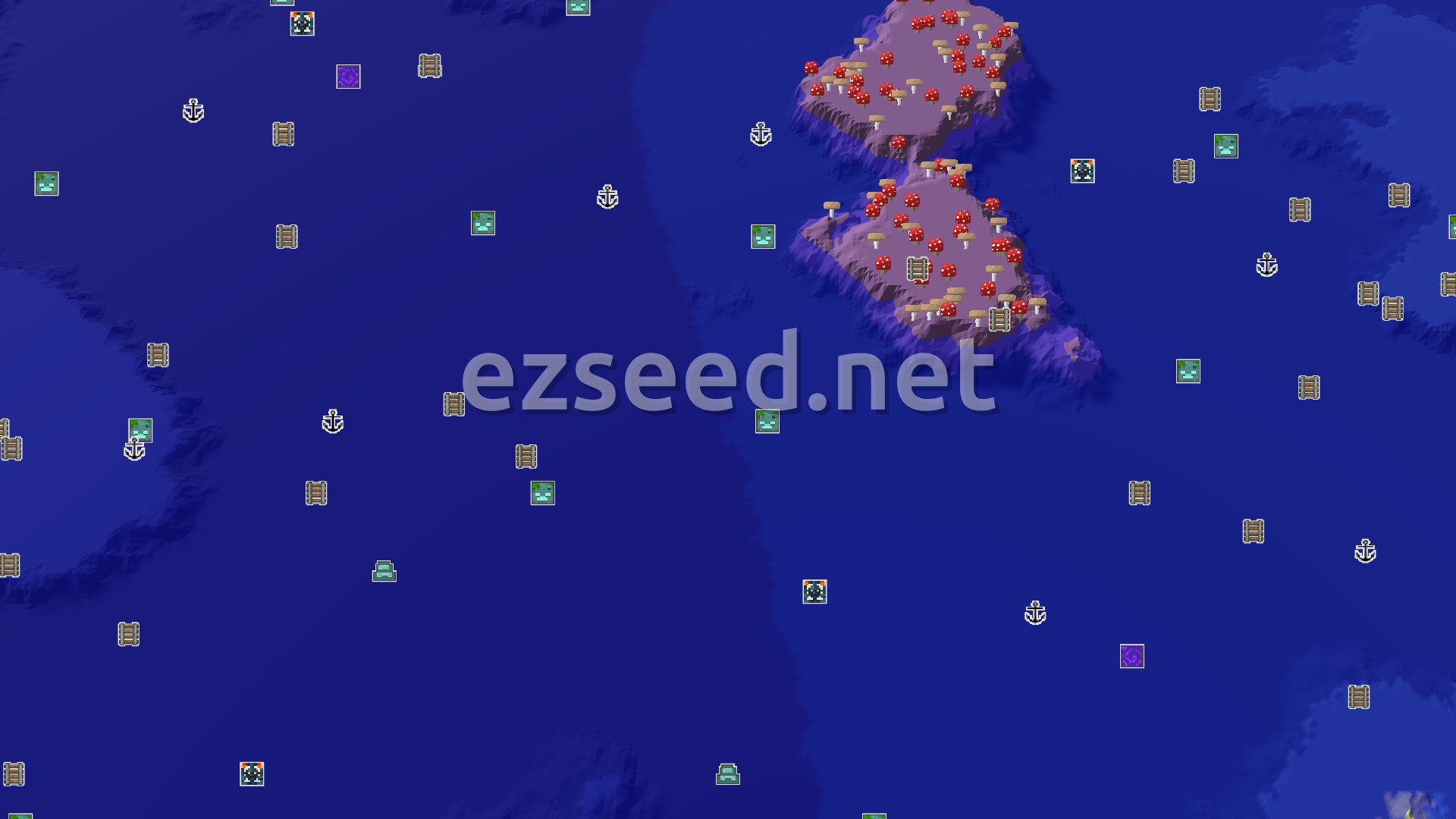 Aerial Minecraft seed map — Spawn Near Mushroom Fields and Ocean Monuments