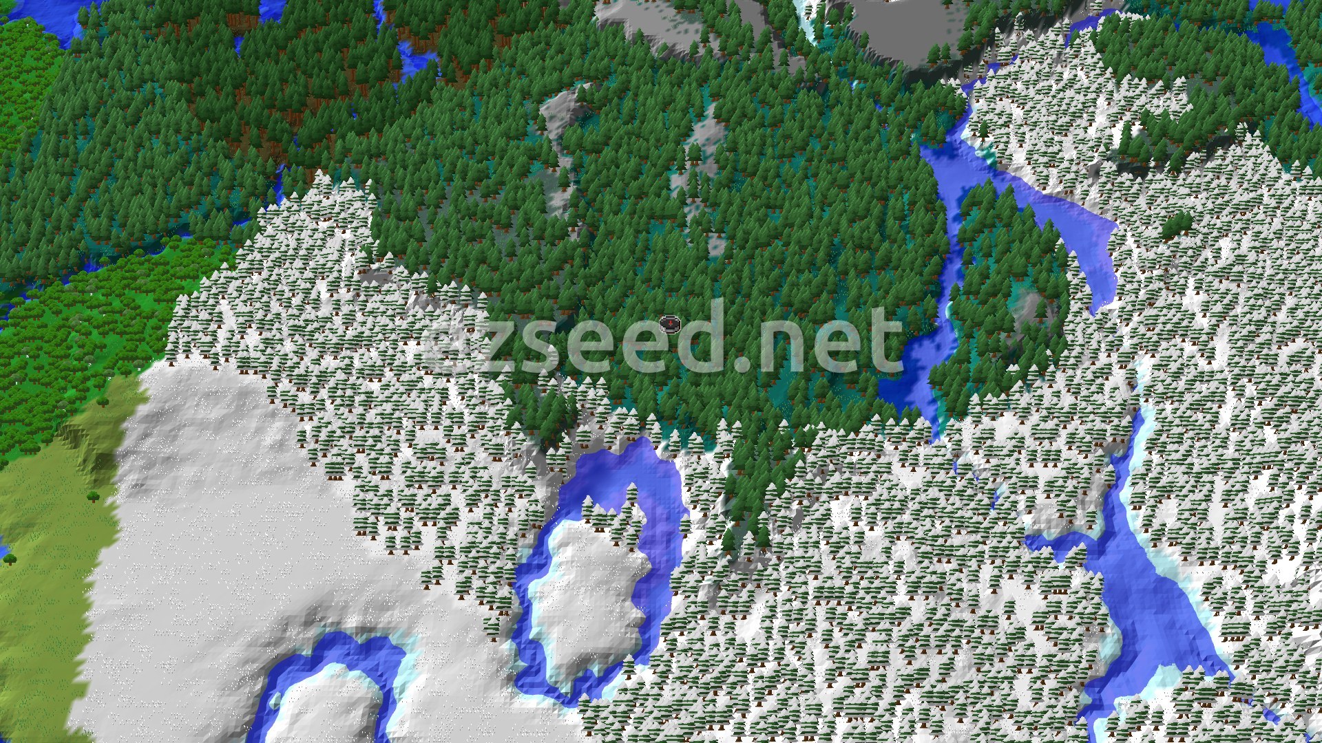 Aerial Minecraft seed map — Windswept Forest and Snowy Taiga Mountain Base