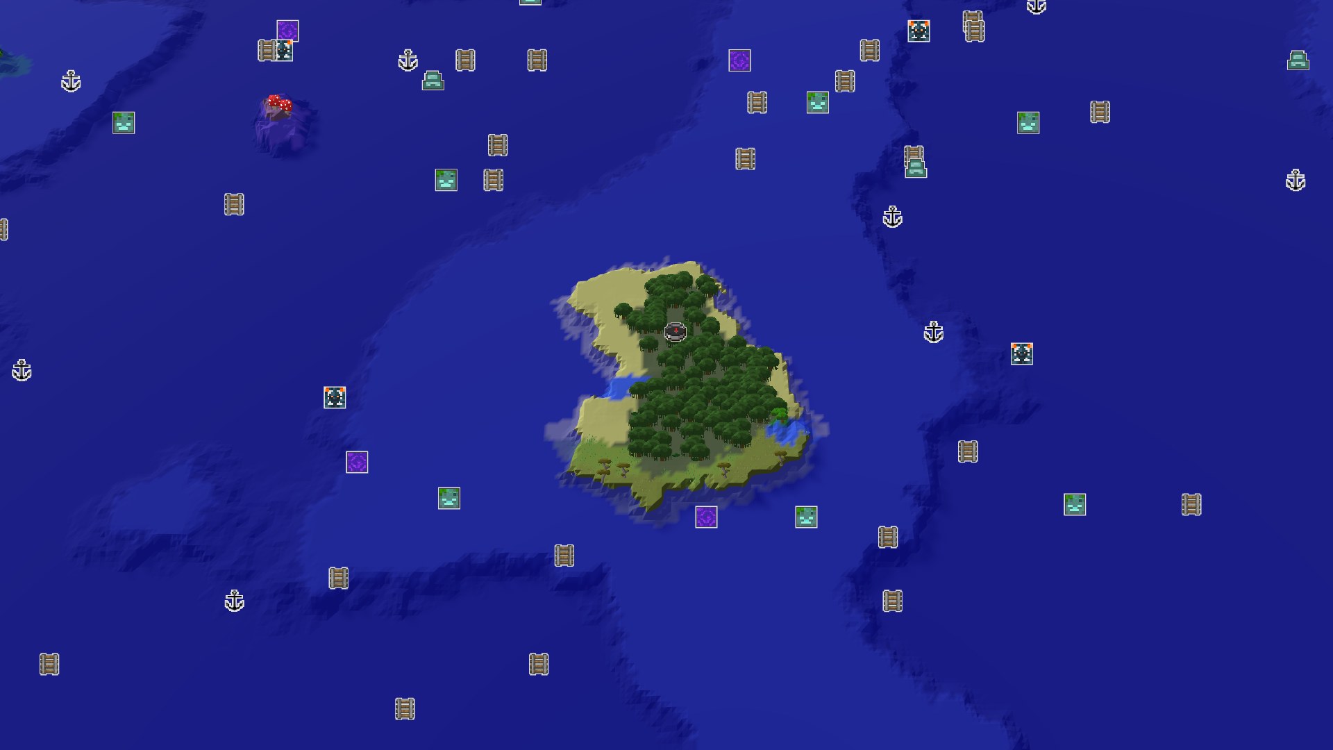 Aerial Minecraft seed map — An Island Mangrove Spawn with Distant Wonders