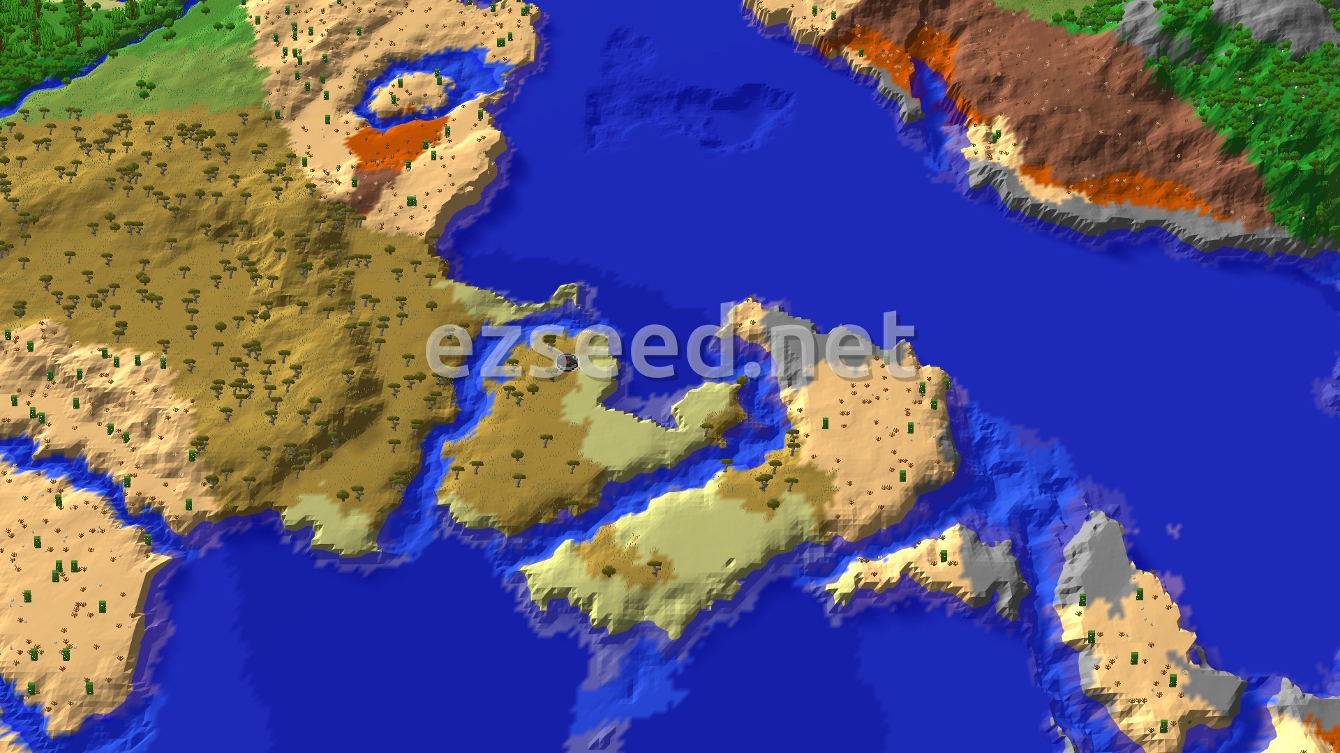 Aerial Minecraft seed map — Savanna Spawn with a Close Trial Chambers