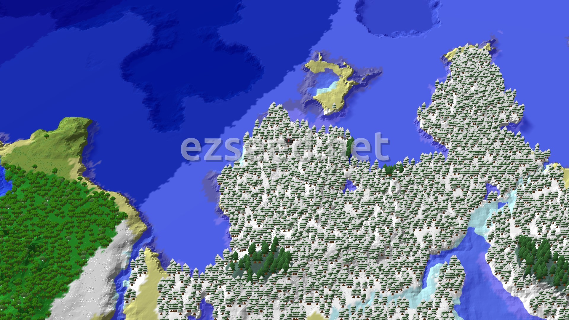 Aerial Minecraft seed map — Spawn in a Snowy Taiga with a nearby Trial Chambers