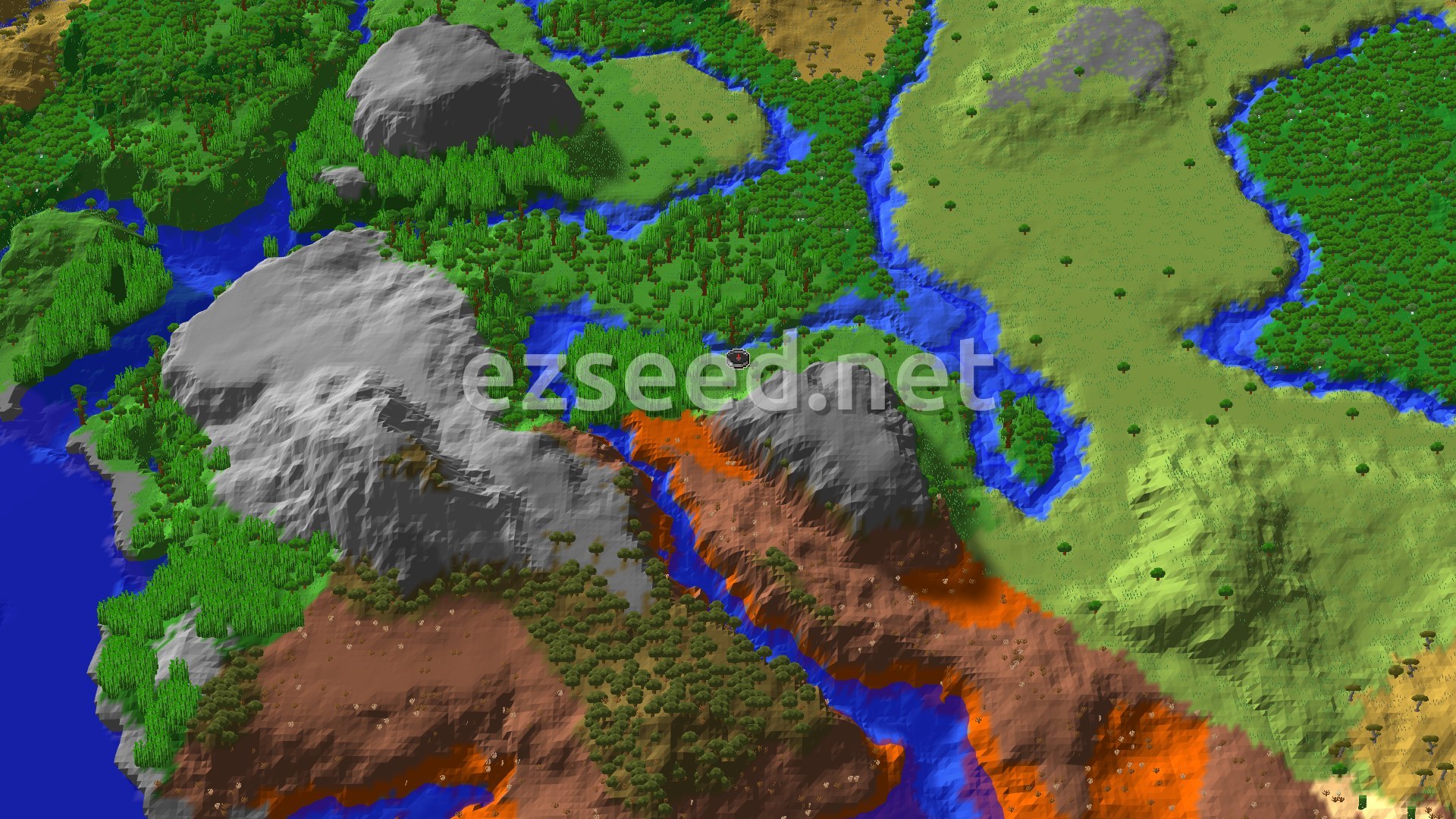 An aerial view showing a lush green jungle biome with winding rivers, bordered by a large gray mountainous area, with patches of brown badlands terrain.