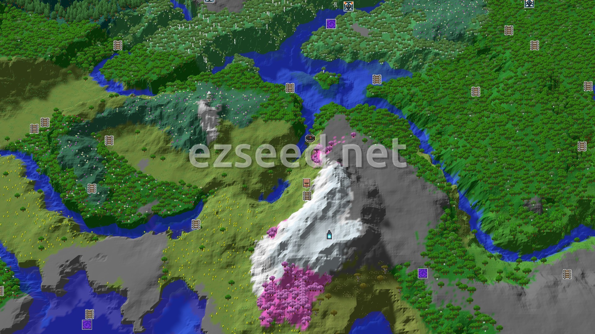 Aerial Minecraft seed map — A Cherry Grove Peak with Close Underground Loot