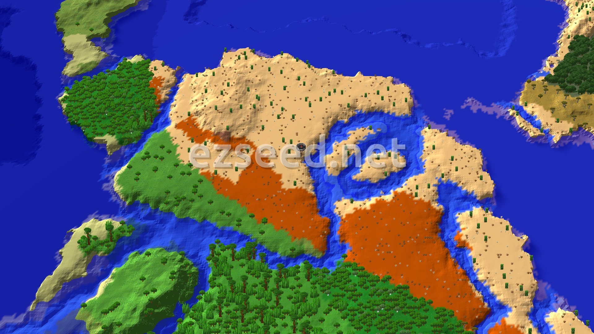 Aerial Minecraft seed map — Desert Spawn with Nearby Badlands and Jungles