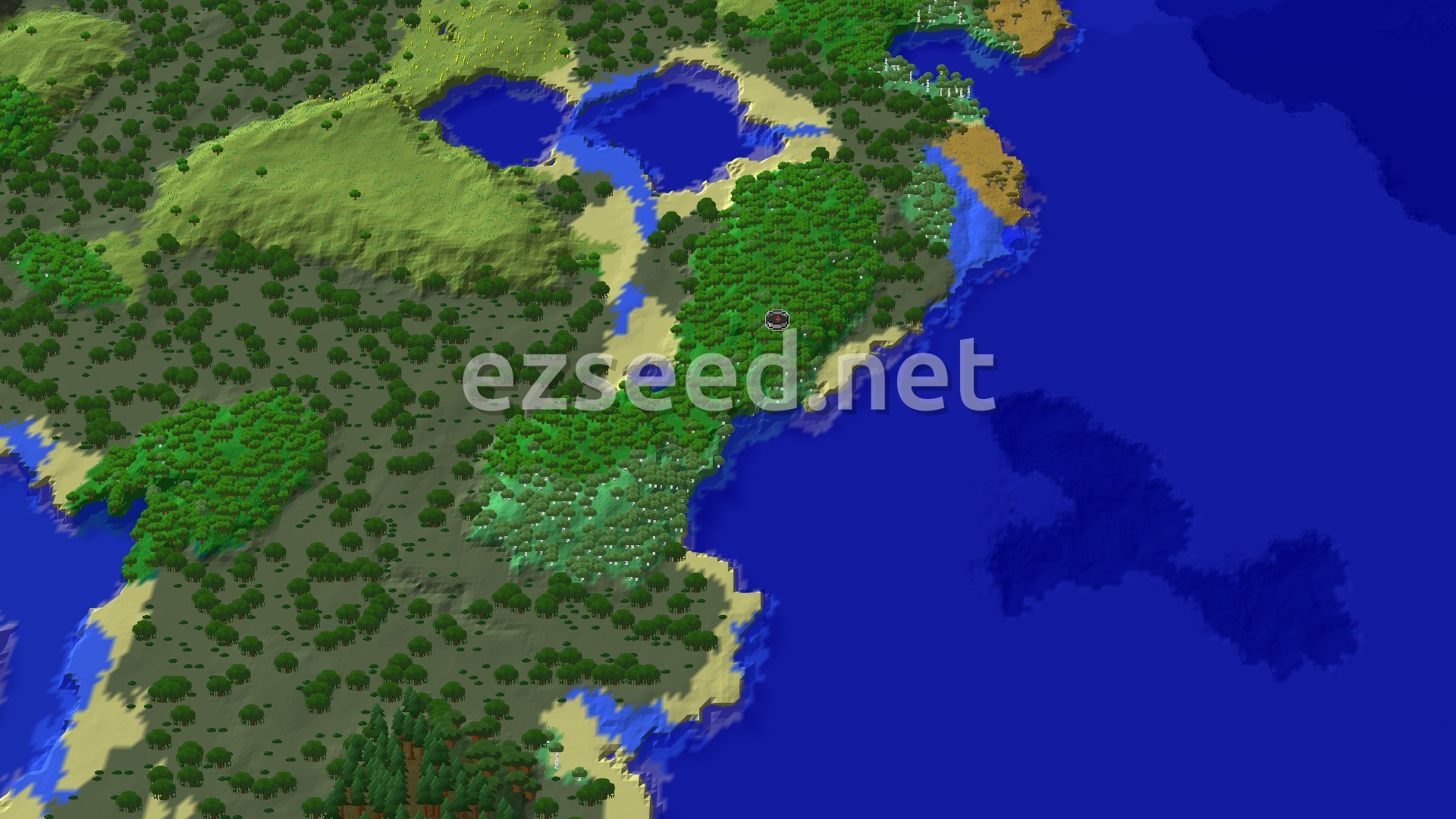 Aerial Minecraft seed map — Forest Spawn with Nearby Trial Chambers and Ocean
