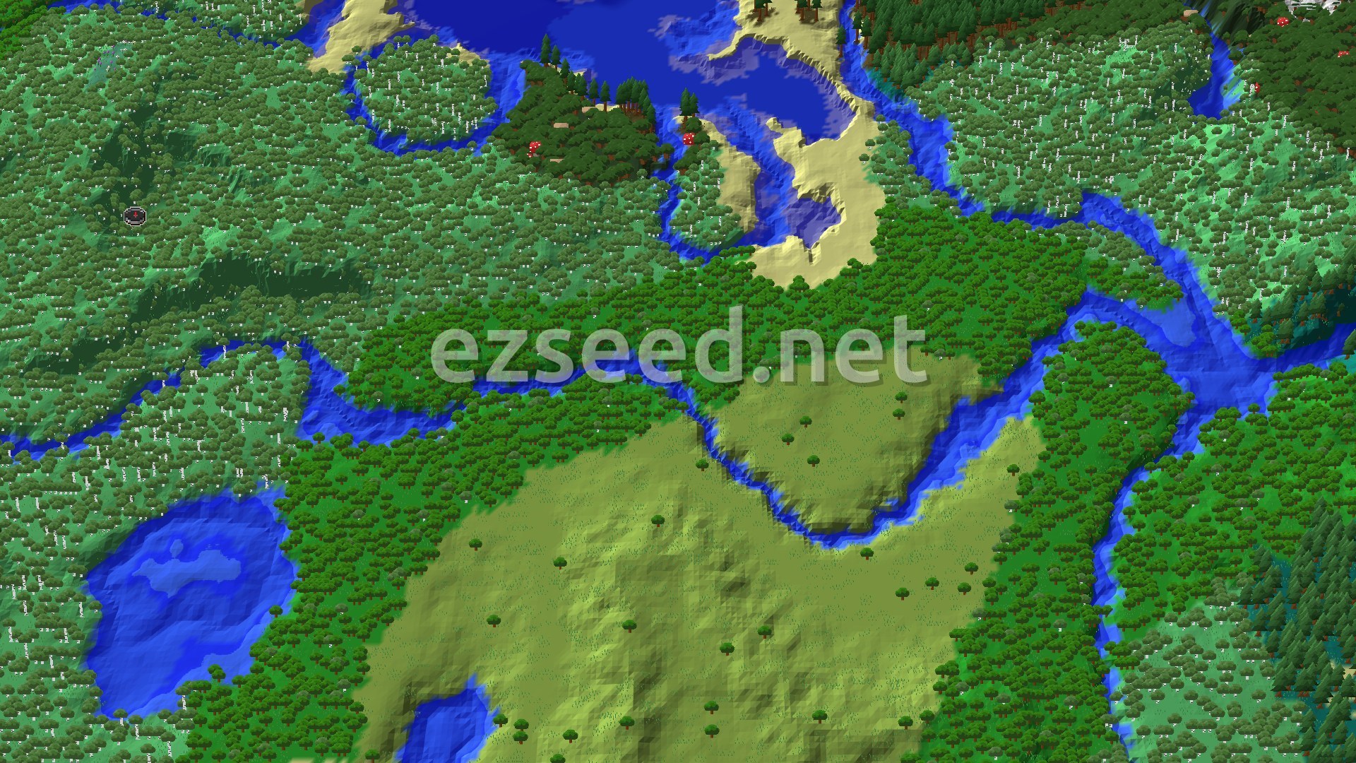 Aerial Minecraft seed map — Birch Forest Spawn with a Nearby Woodland Mansion