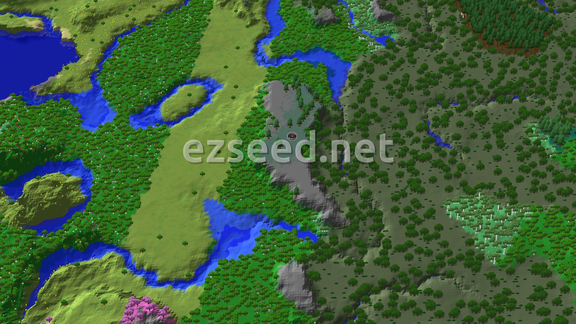 Aerial Minecraft seed map — Spawn in Hills, Quick Access to Deep Dark